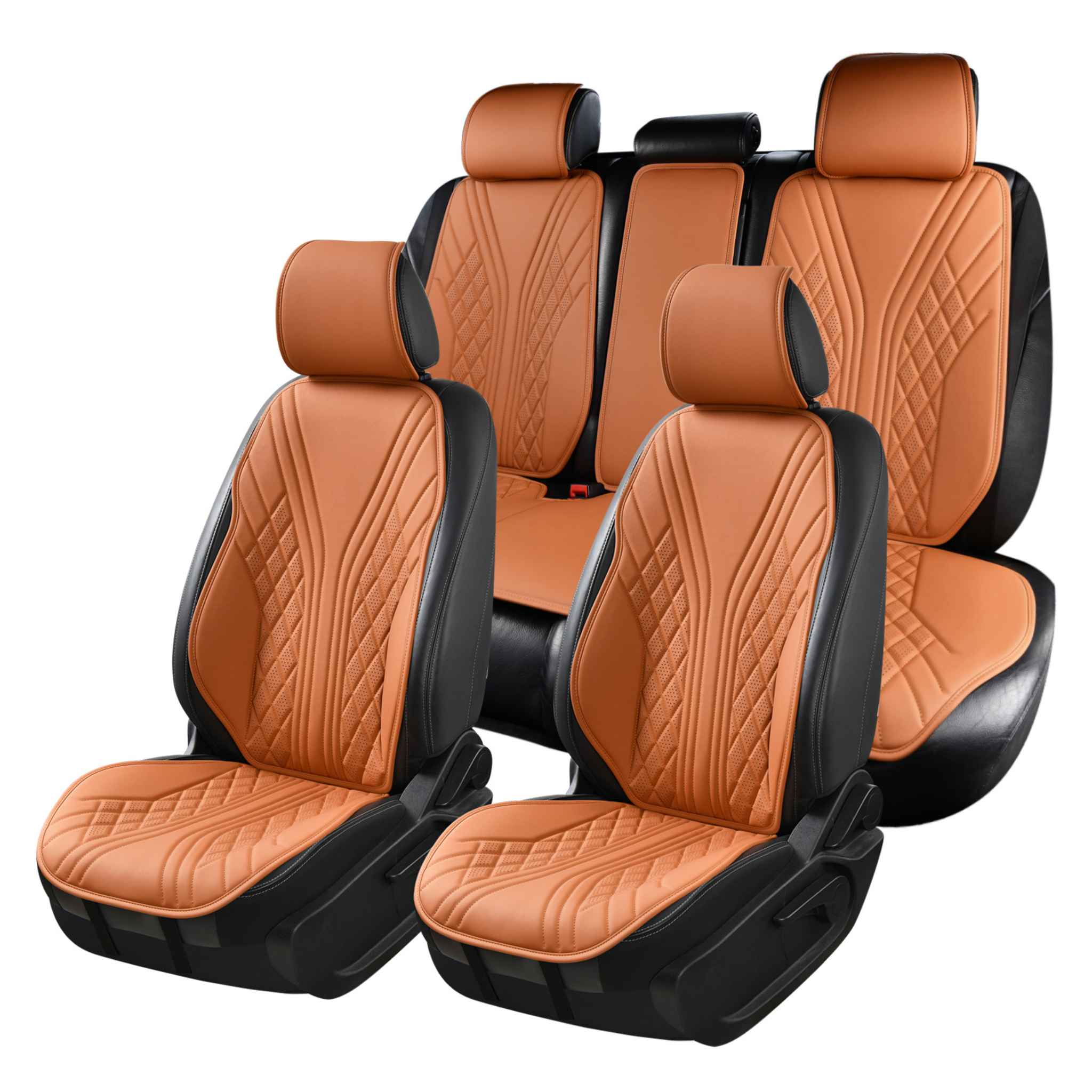 Luxus VeilFit™ OEM-Style Flow Vegan Leather Car Seat Covers – Caramel Brown