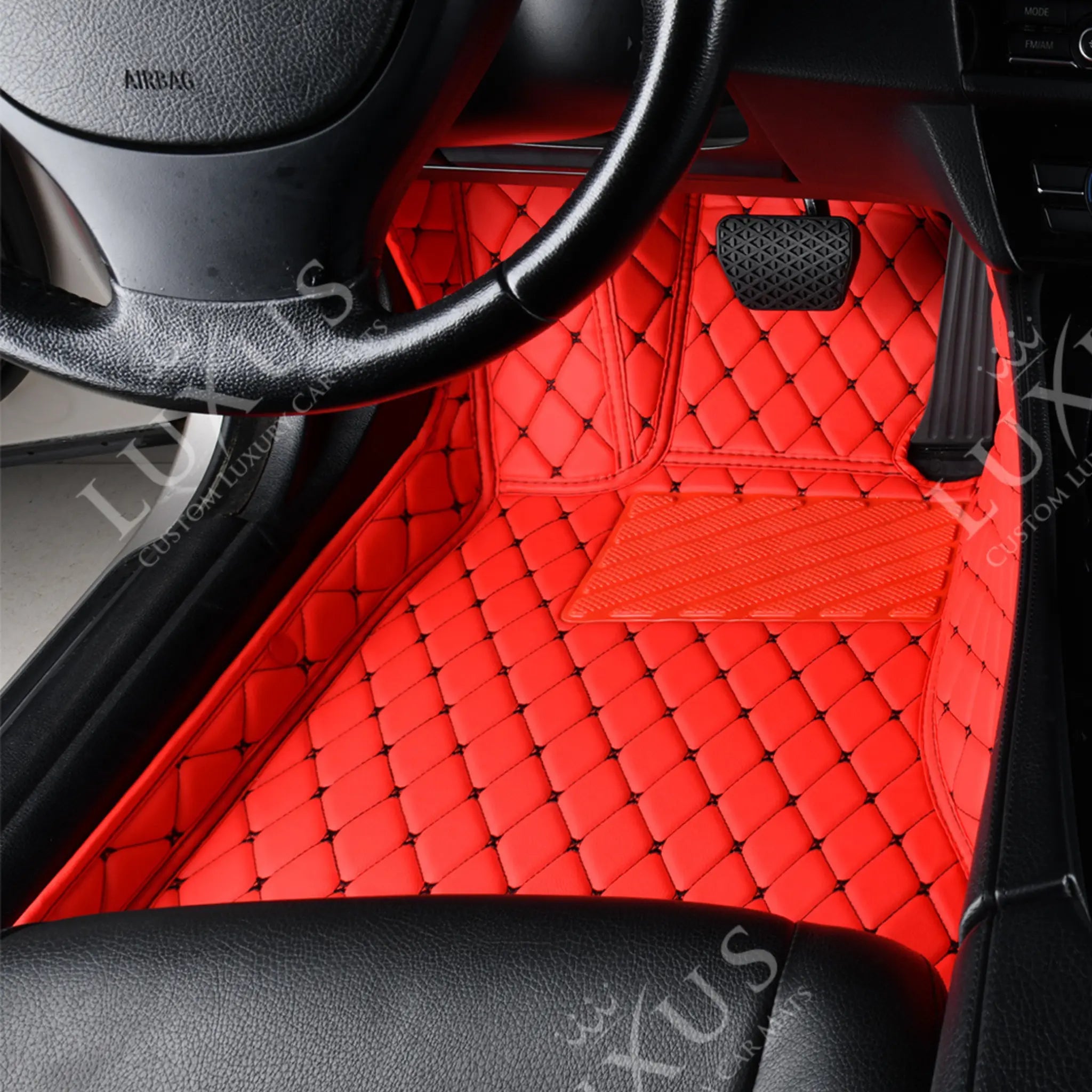 Luxus Premium Diamond Custom Car Mats Set | Ferrari Red & Black Stitching