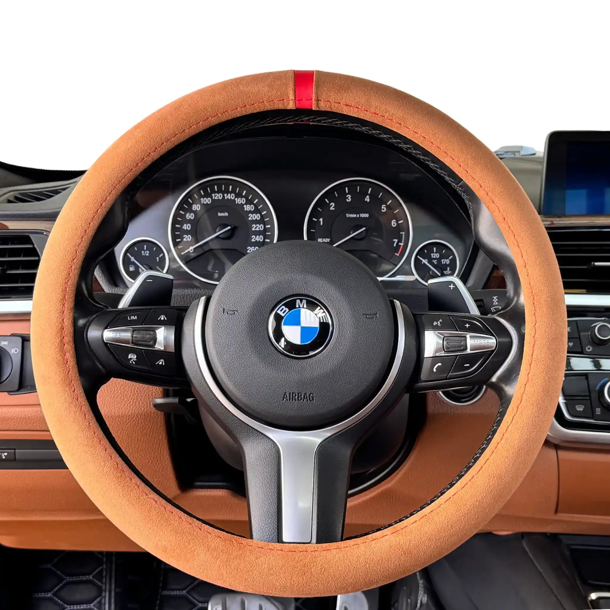 Luxus Alcantara Full Steering Wheel Cover - Cuoio Siena & Red Stitching