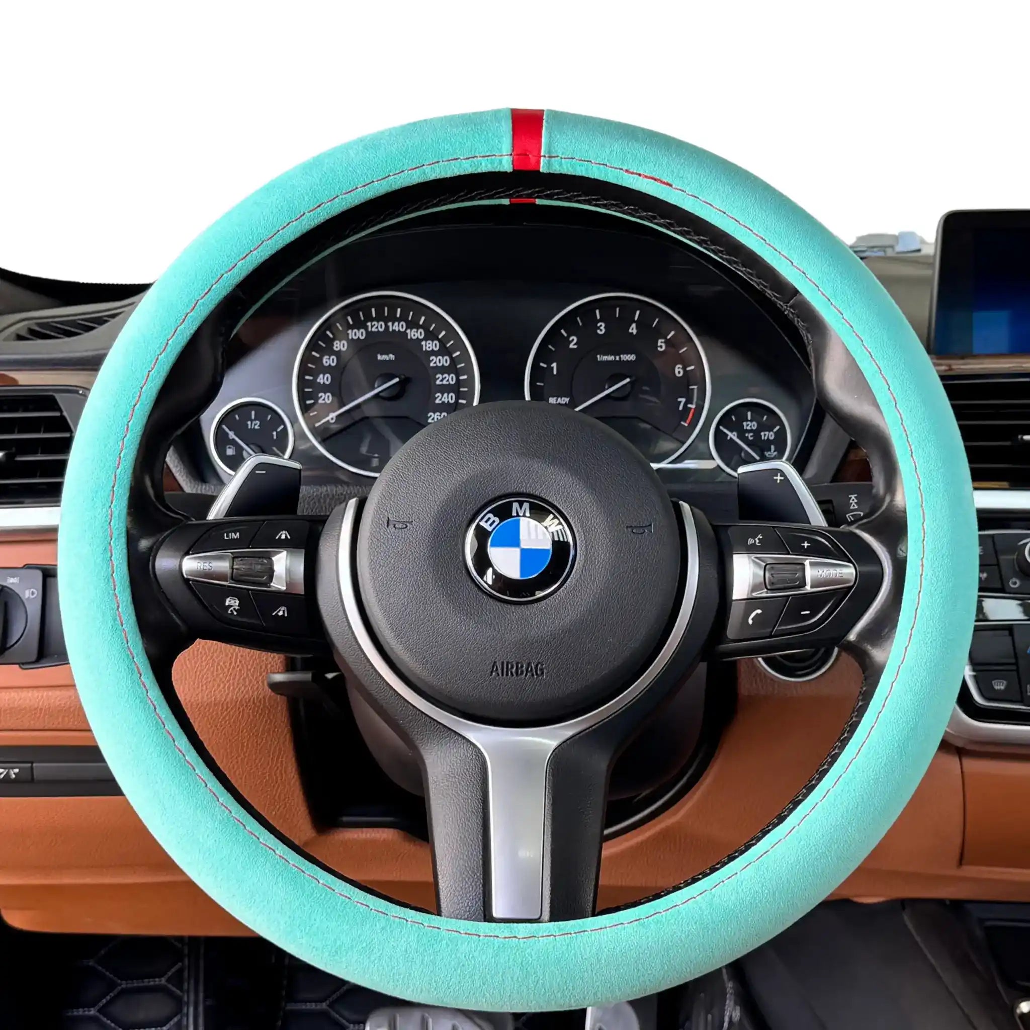 Luxus Alcantara Full Steering Wheel Cover - Tiffany Blue & Red Stitching
