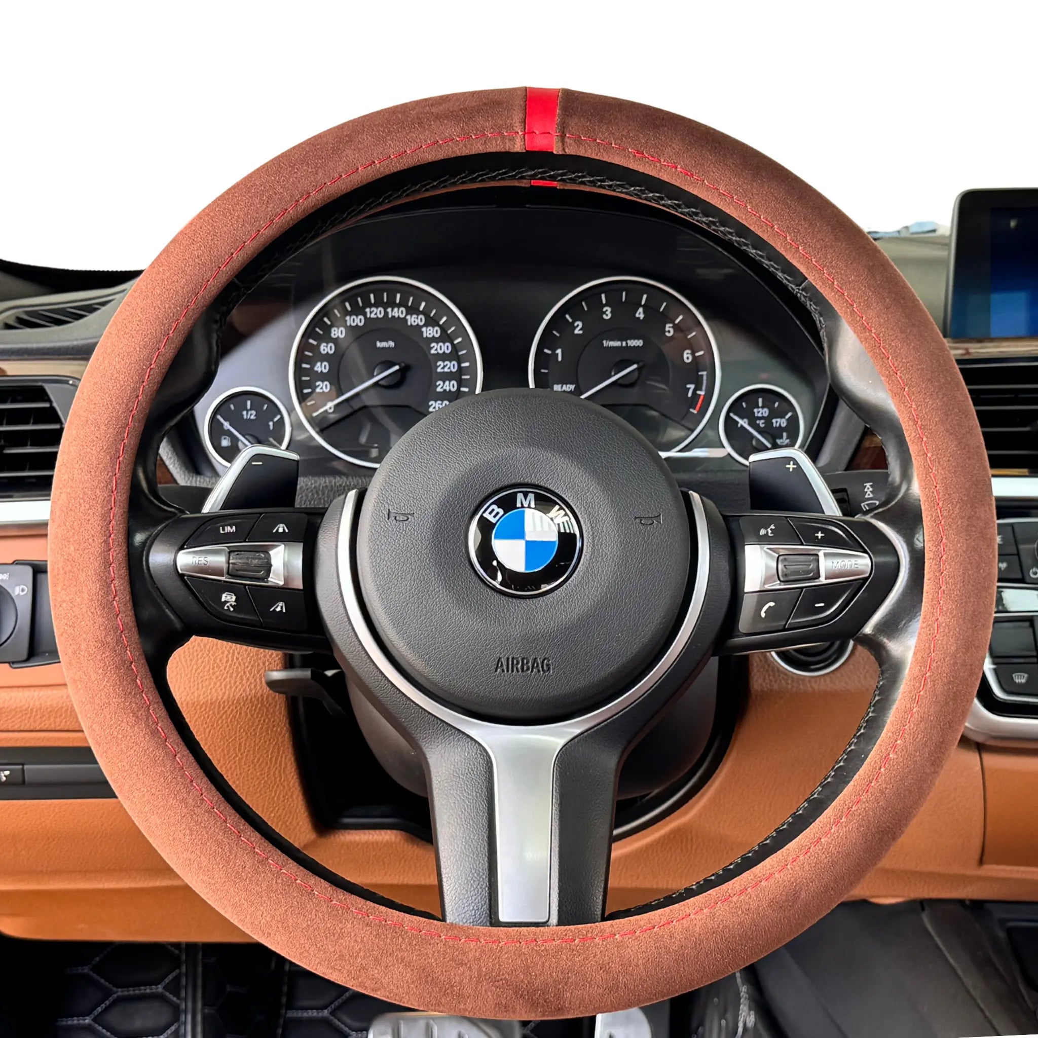 Luxus Alcantara Full Steering Wheel Cover - Marrone Toscano & Red Stitching
