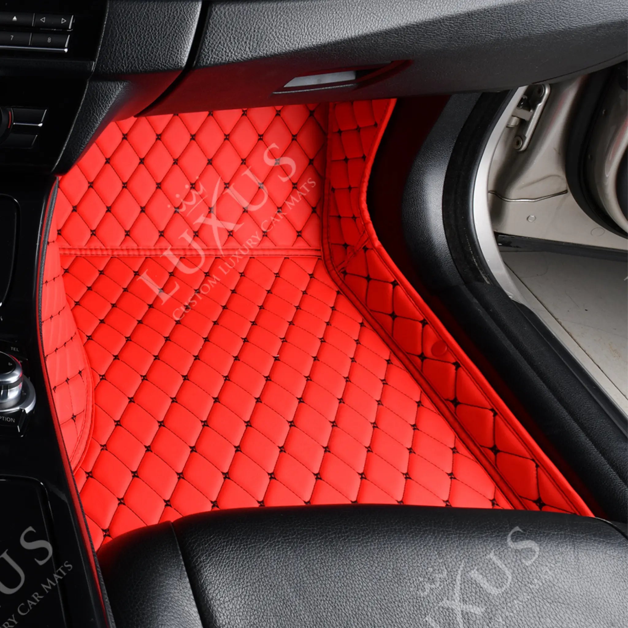 Luxus Premium Diamond Custom Car Mats Set | Ferrari Red & Black Stitching