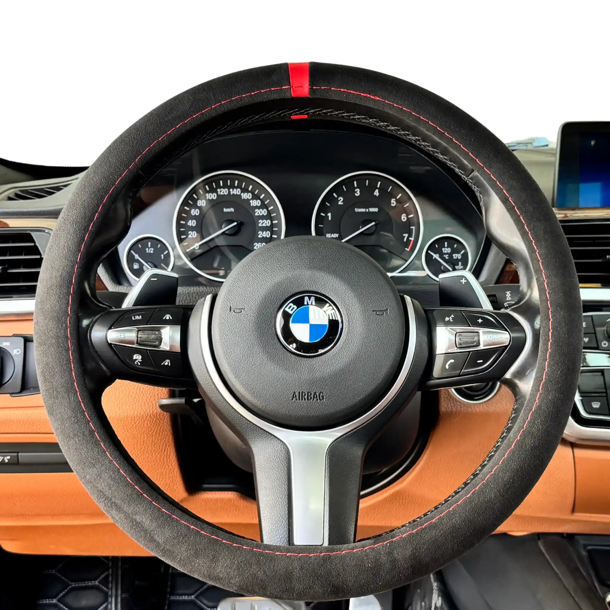 Luxus Alcantara Full Steering Wheel Cover - Nero & Red Stitching