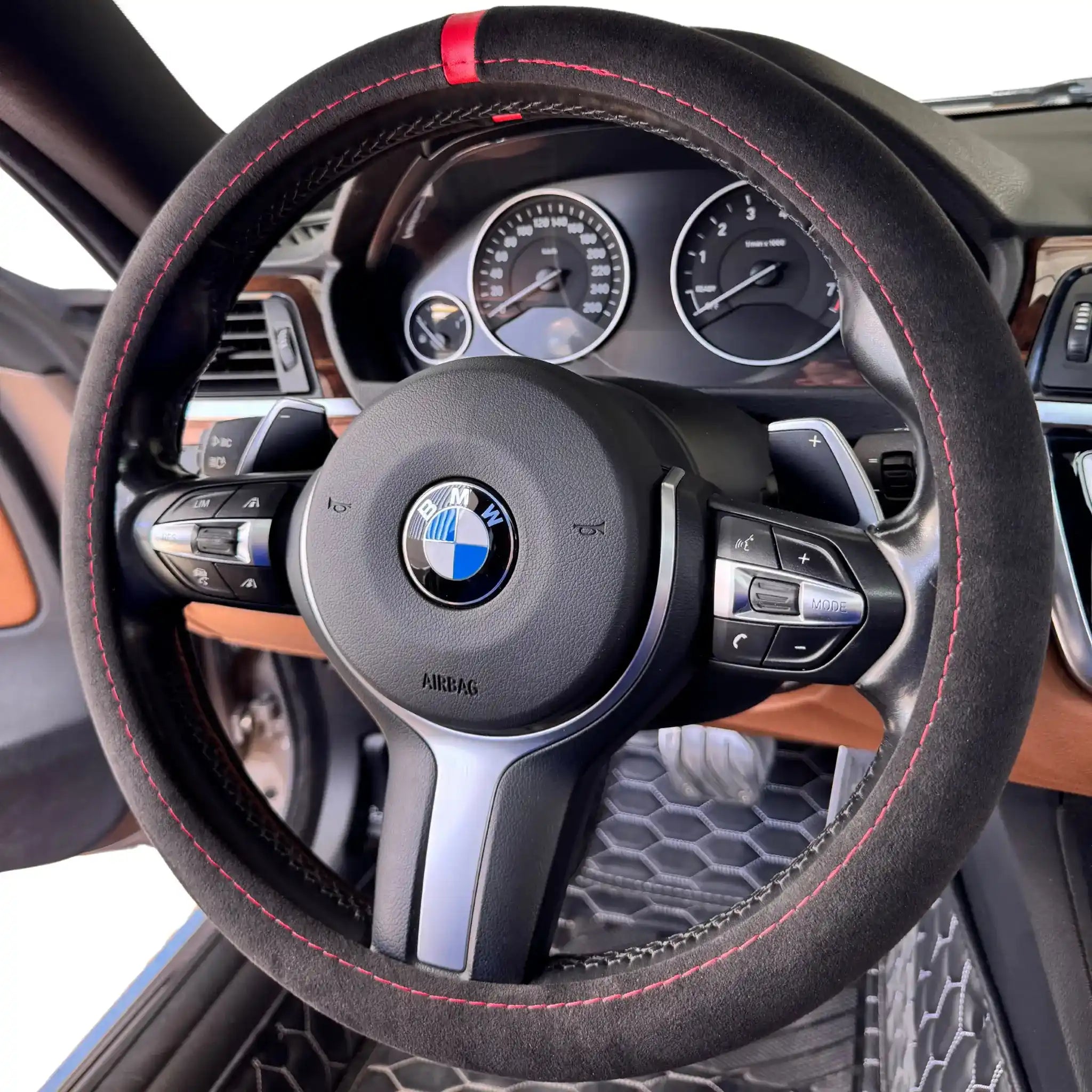 Luxus Alcantara Full Steering Wheel Cover - Nero & Red Stitching
