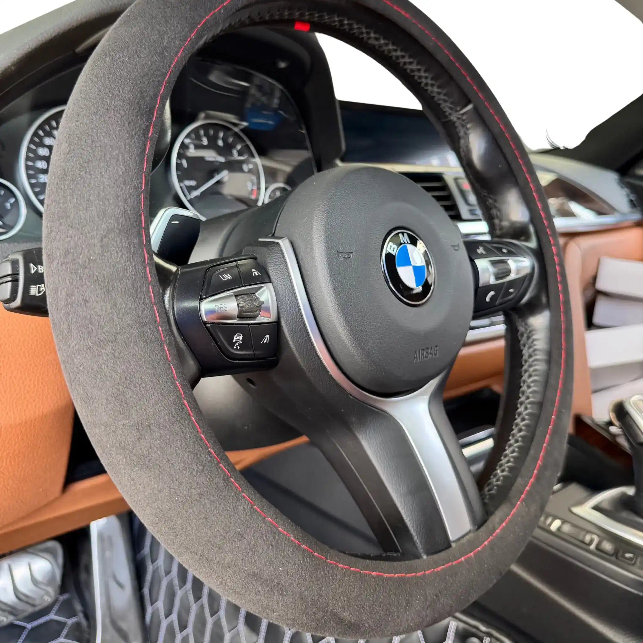 Luxus Alcantara Full Steering Wheel Cover - Nero & Red Stitching