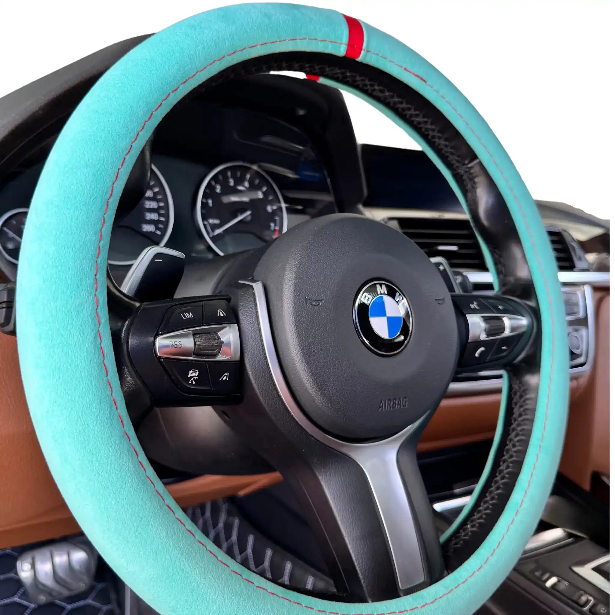 Luxus Alcantara Full Steering Wheel Cover - Tiffany Blue & Red Stitching