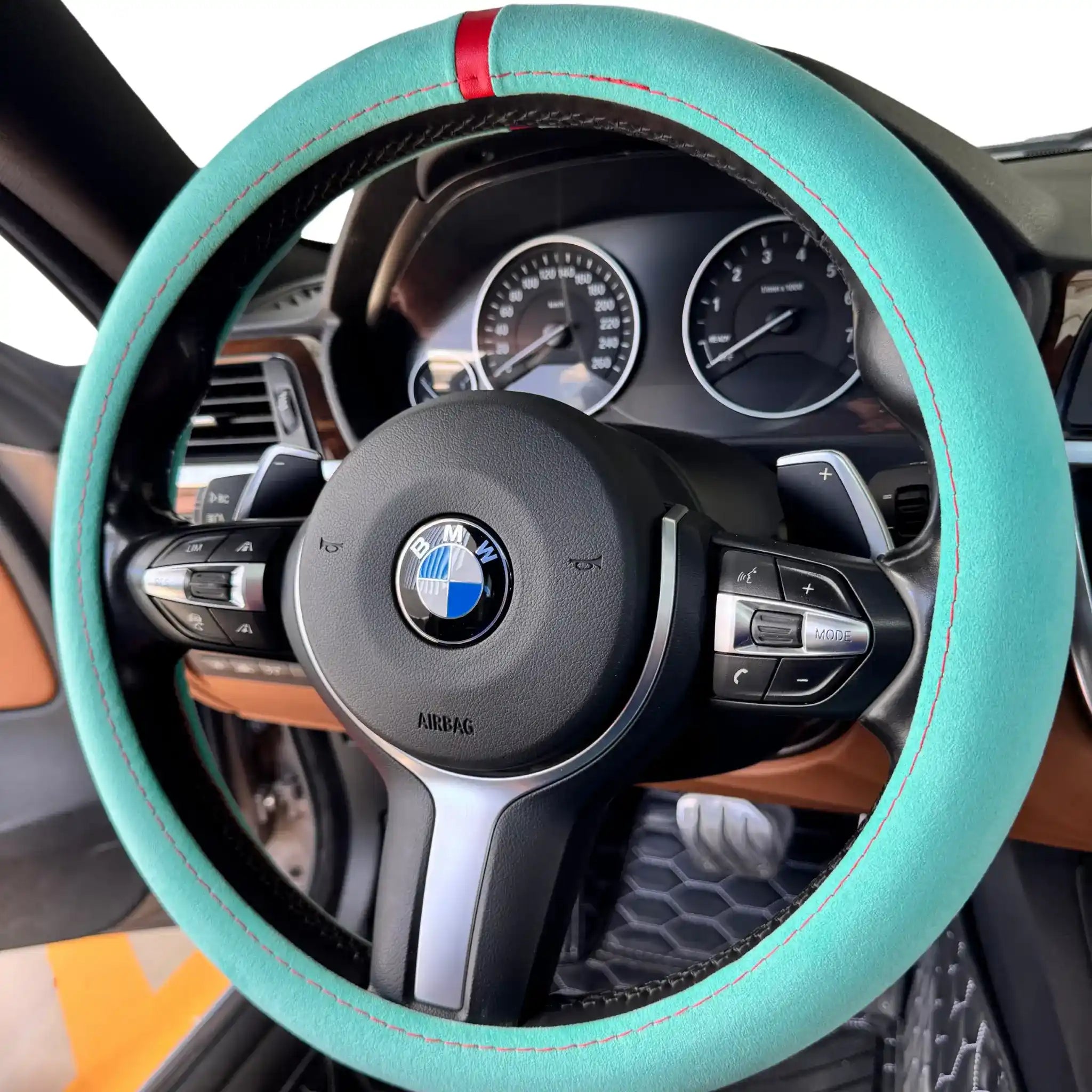 Luxus Alcantara Full Steering Wheel Cover - Tiffany Blue & Red Stitching