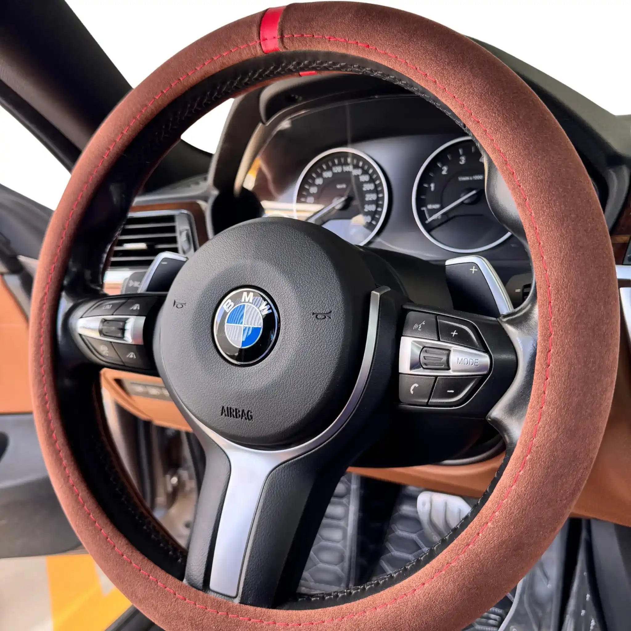 Luxus Alcantara Full Steering Wheel Cover - Marrone Toscano & Red Stitching