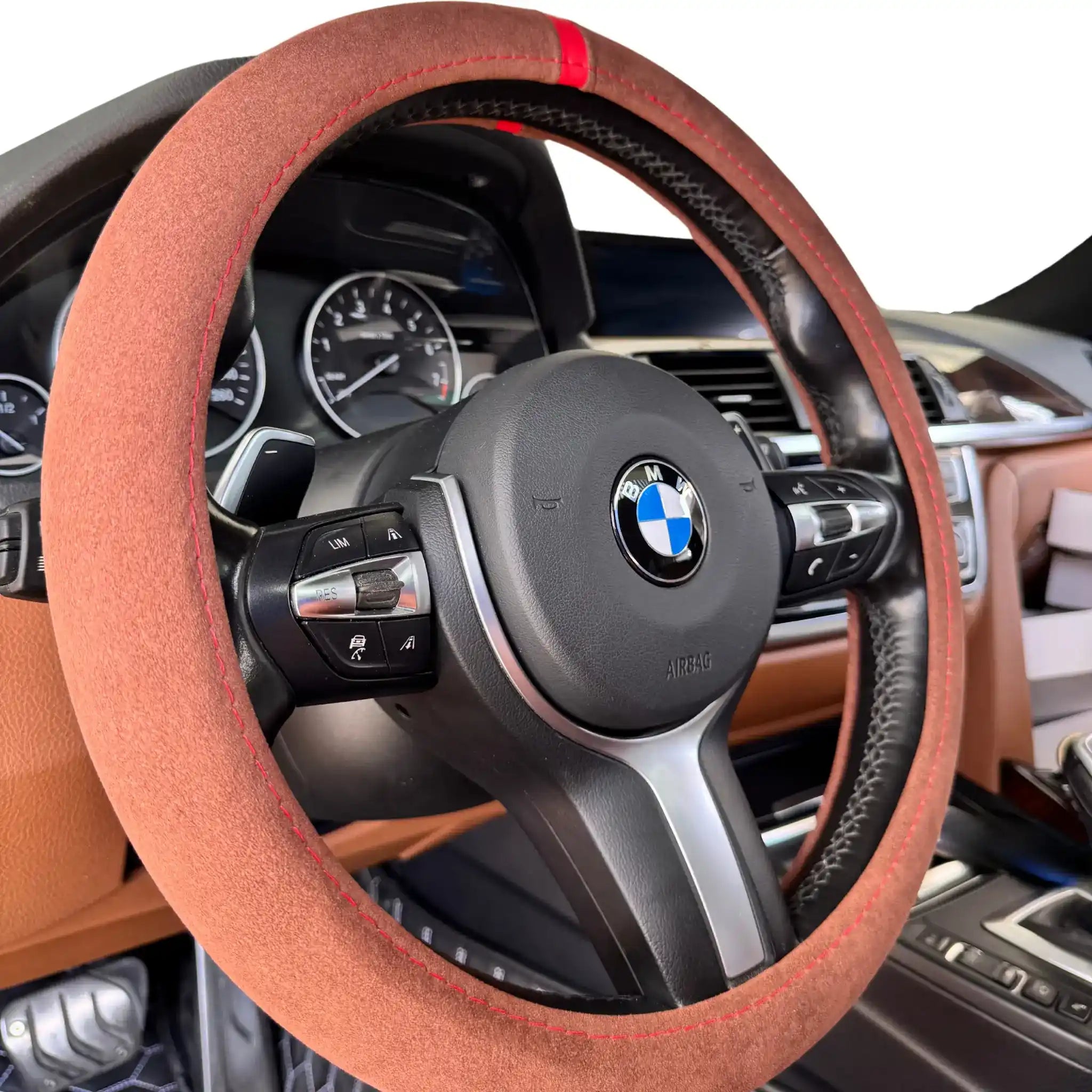 Luxus Alcantara Full Steering Wheel Cover - Marrone Toscano & Red Stitching