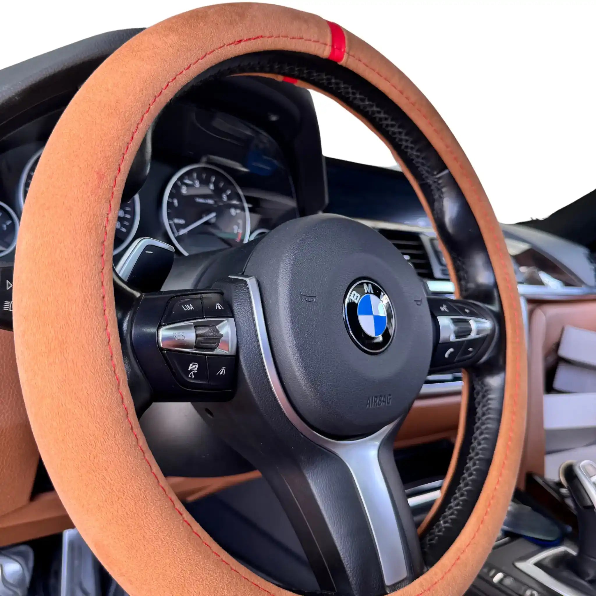 Luxus Alcantara Full Steering Wheel Cover - Cuoio Siena & Red Stitching