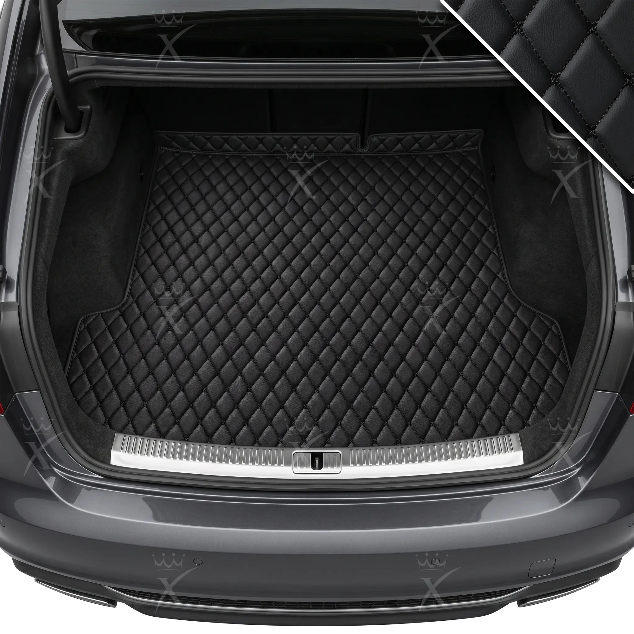 Luxus Car Mats™ – Kofferraum-/Kofferraummatte aus schwarzem Leder mit schwarzen Nähten