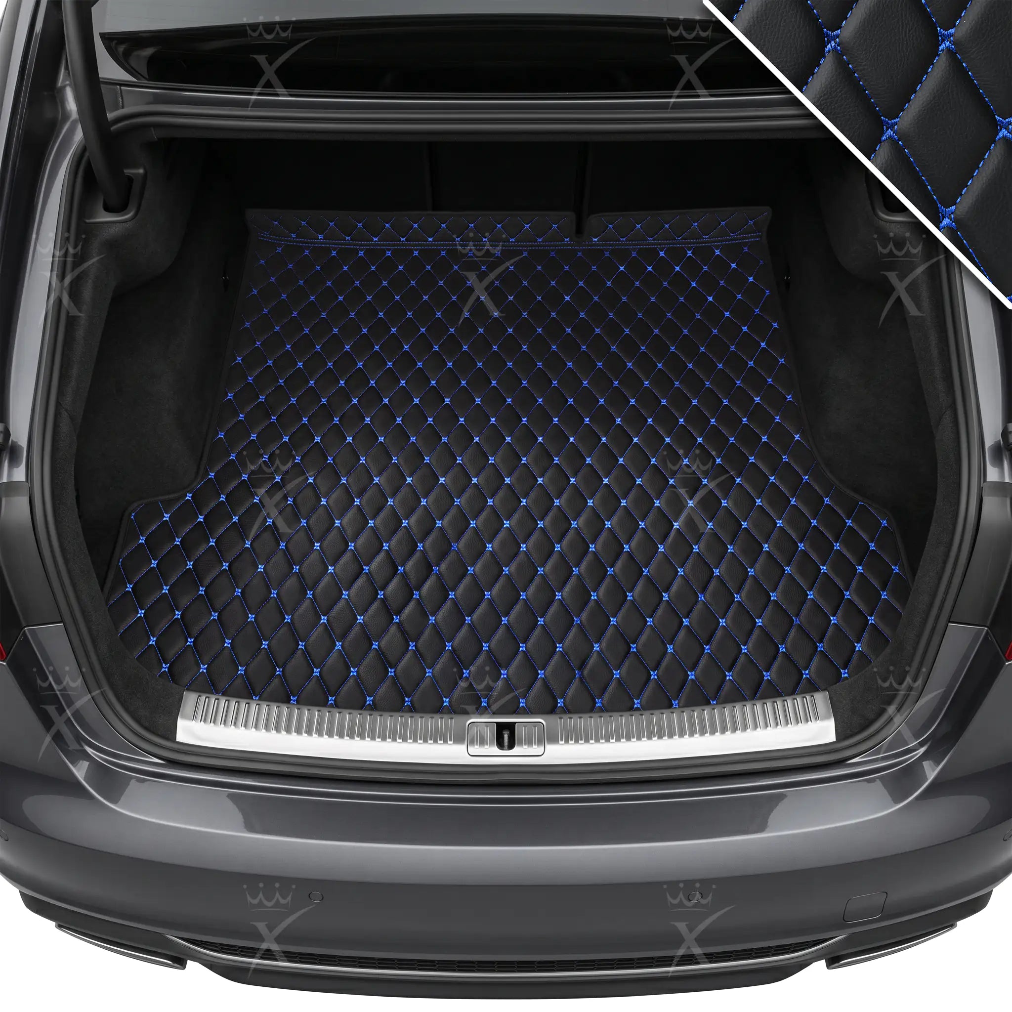 Luxus Car Mats™ - Tapete para maletero/maletero de cuero de lujo con costuras negras y azules