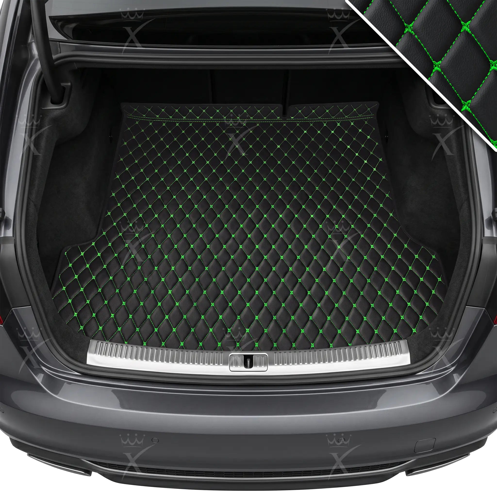 Luxus Diamond Base Series Trunk Mat | Black & Green Stitching
