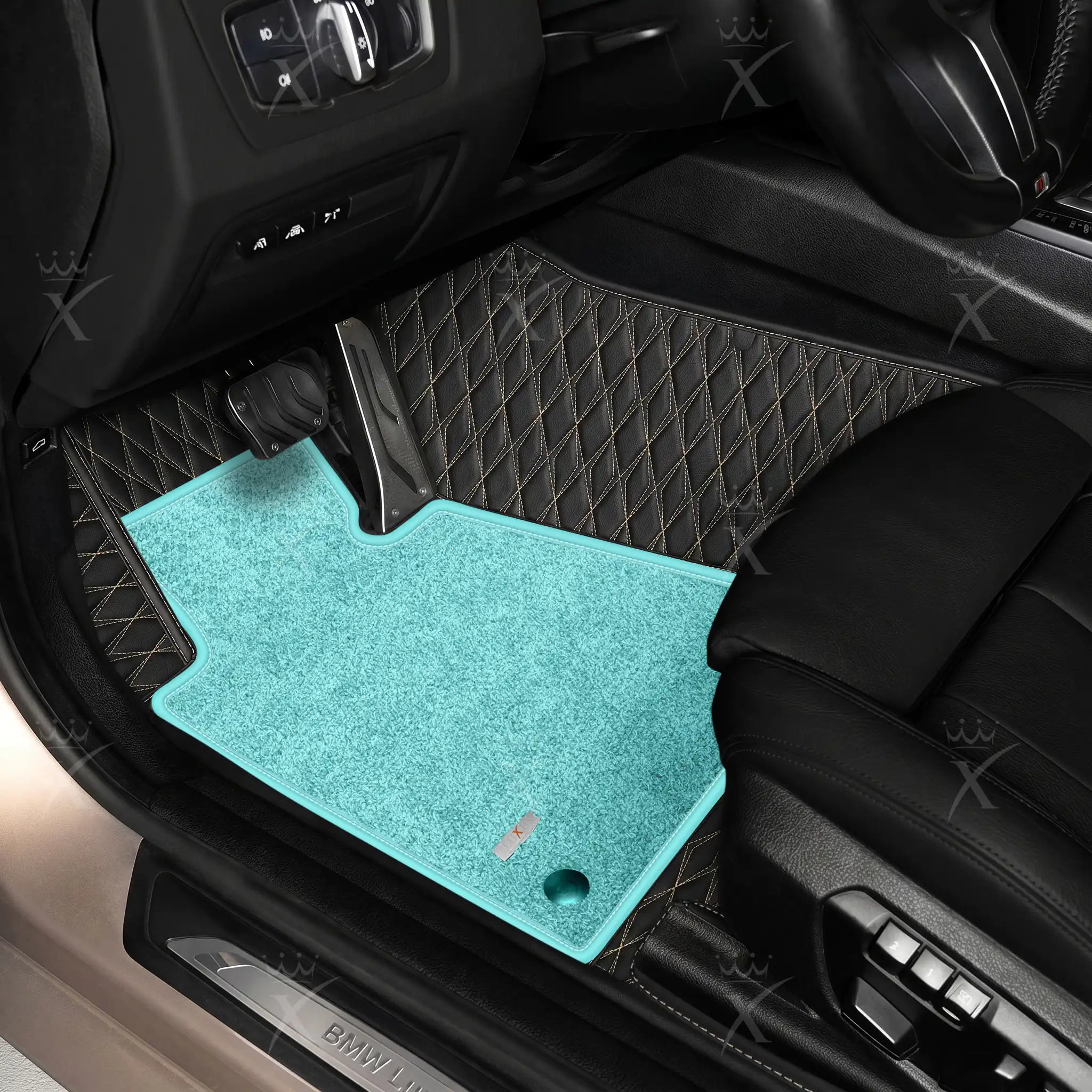 Luxus Twin-Diamond Double Layer Series Floor Mats | Black & Beige Stitching & Aqua Frost Top Carpet
