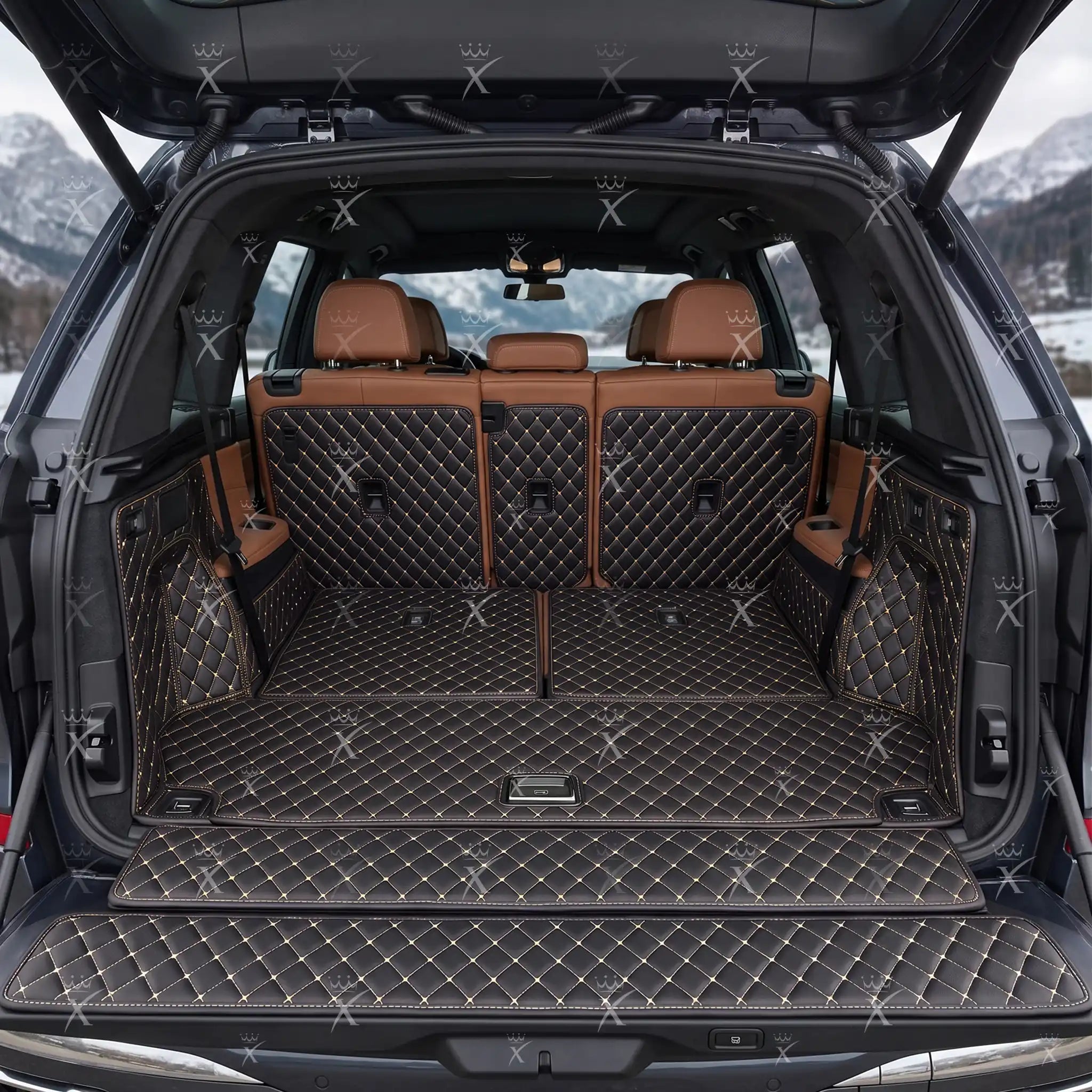 Luxus Car Mats™ - Svart og beige søm 3D luksuslærstøvel/bagasjematte