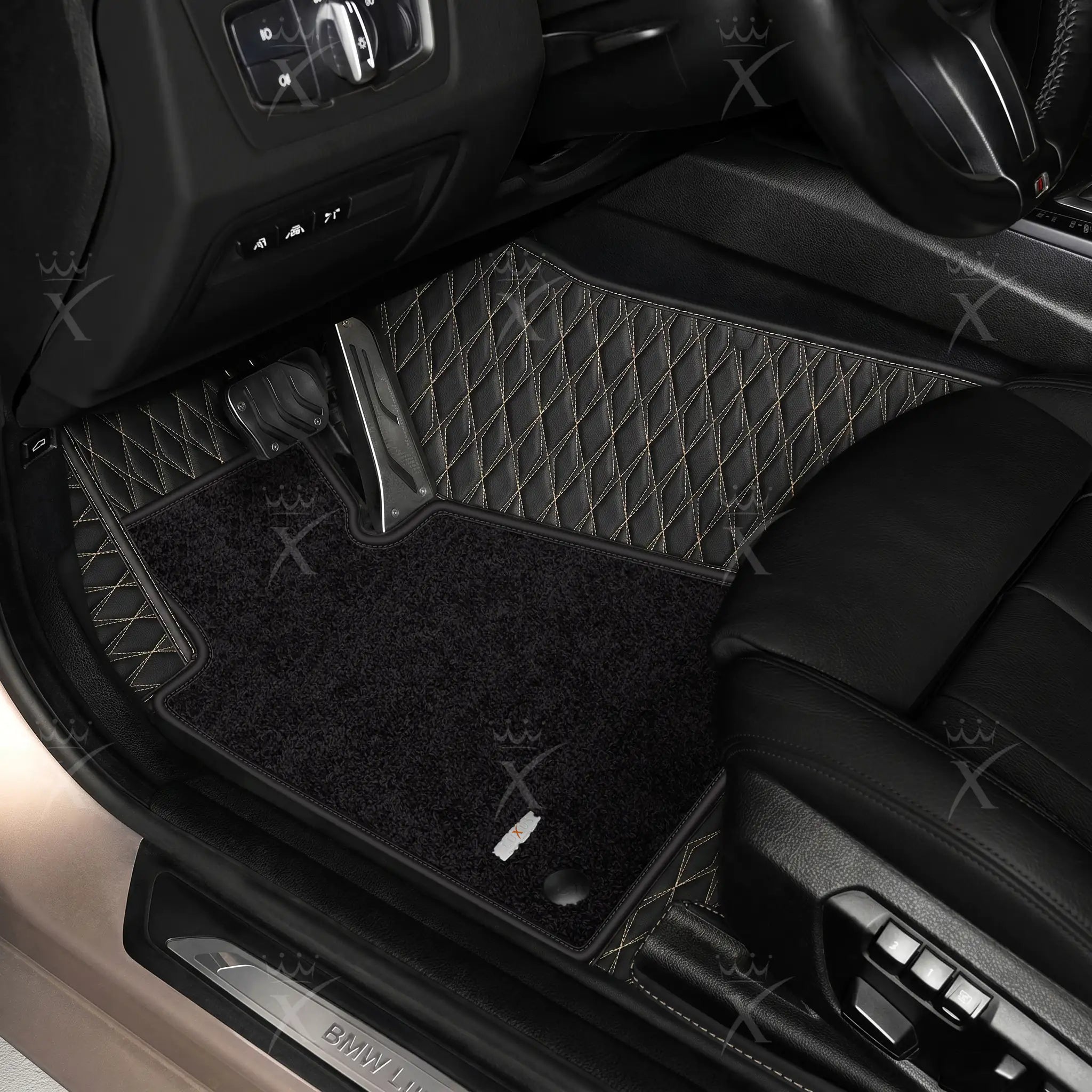 Luxus Twin-Diamond Double Layer Series Floor Mats | Black & Beige Stitching & Onyx Charcoal Top Carpet