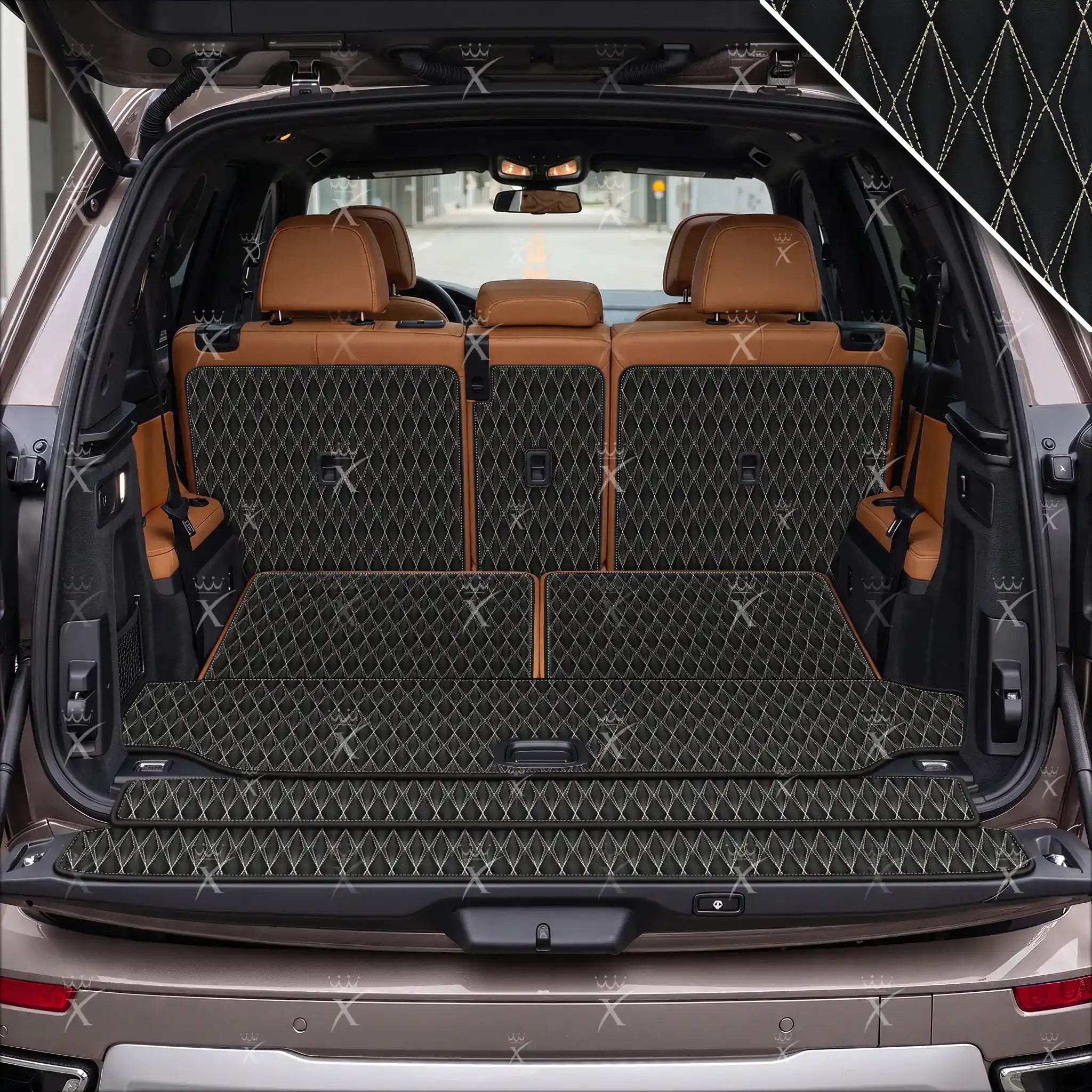 Luxus Car Mats™ - Tapete para maletero/maletero de cuero de lujo con costuras negras y negras en 3D