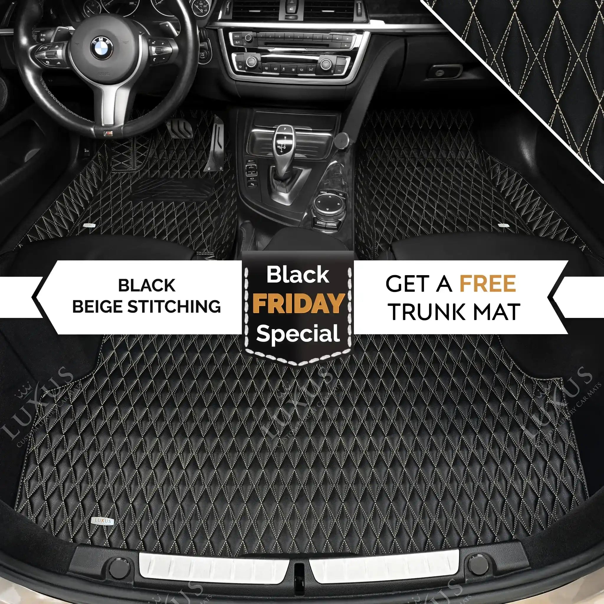 Luxus Premium Twin-Diamond Custom Luxury Car Mats Set | Black & Beige Stitching