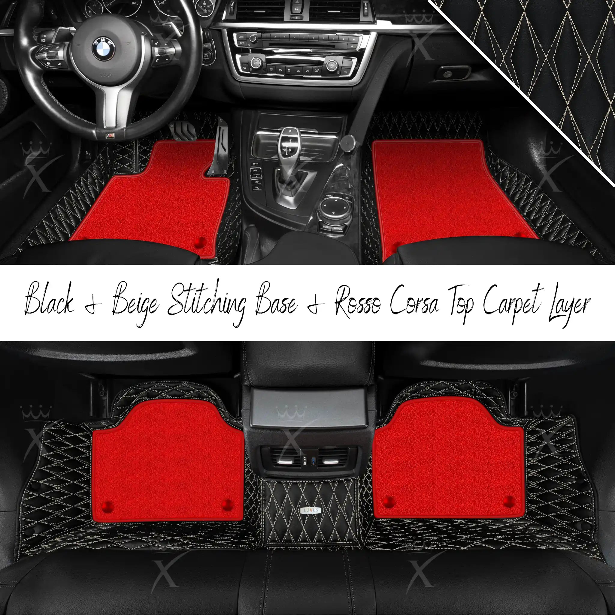 Black & Beige Stitching Twin Diamond & Rosso Corsa Carpet | Double Layer Luxury Car Mats Set