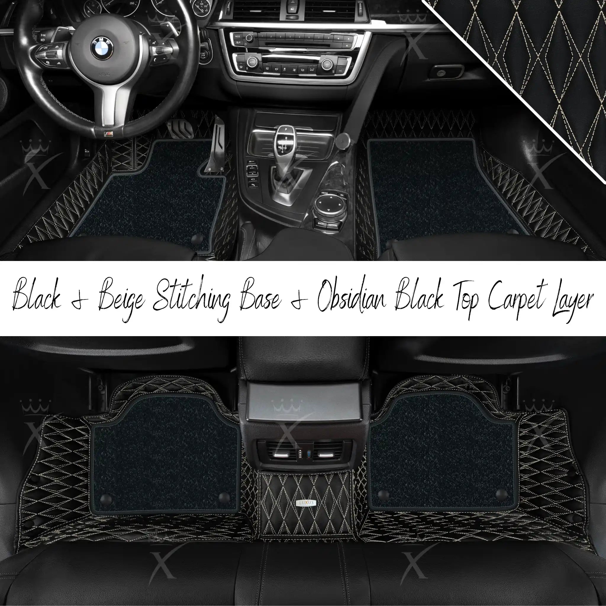 Black & Beige Stitching Twin Diamond & Obsidian Black Carpet | Double Layer Luxury Car Mats Set