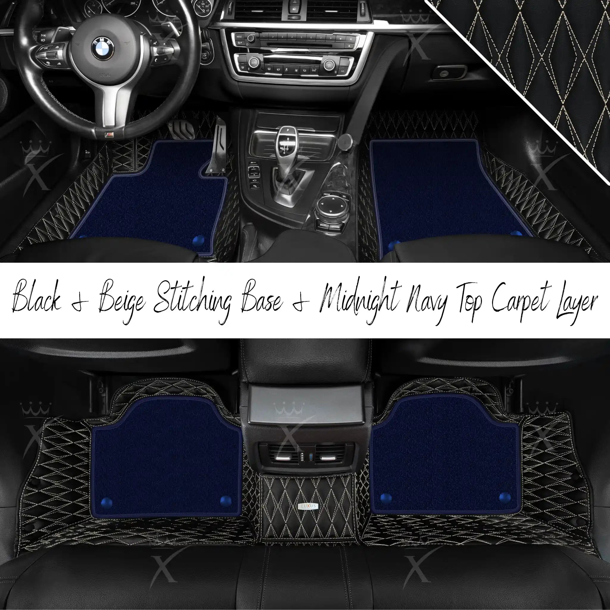 Black & Beige Stitching Twin Diamond & Midnight Navy Carpet | Double Layer Luxury Car Mats Set