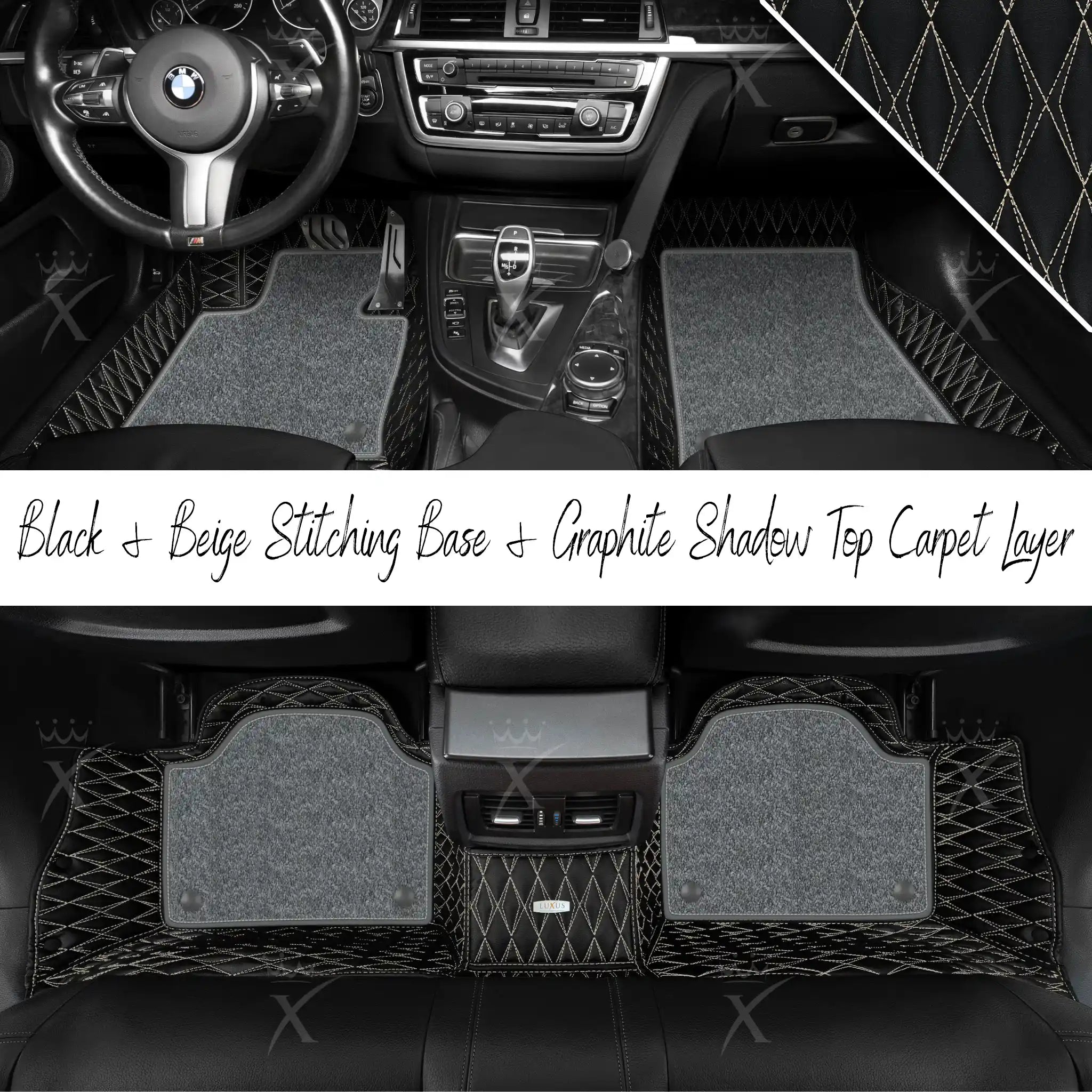 Black & Beige Stitching Twin Diamond & Graphite Shadow Carpet | Double Layer Luxury Car Mats Set