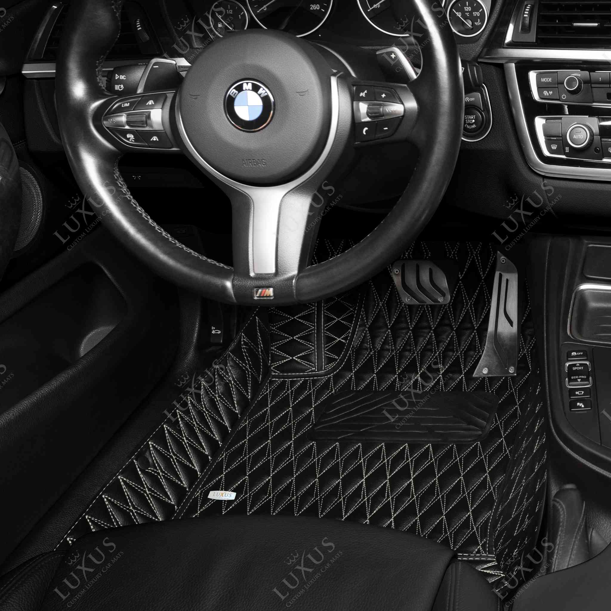 Luxus Premium Twin-Diamond Custom Luxury Car Mats Set | Black & Beige Stitching
