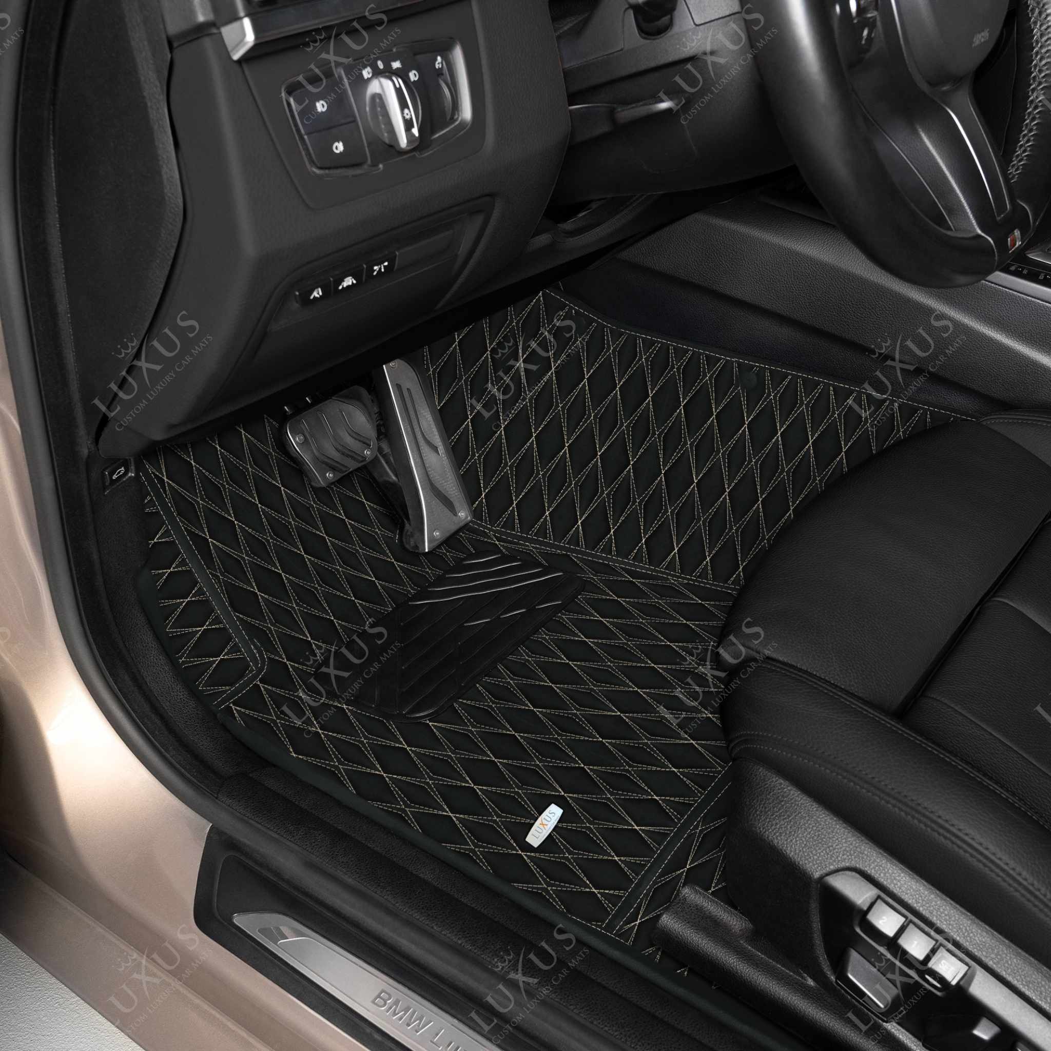 Luxus Premium Twin-Diamond Custom Luxury Car Mats Set | Black & Beige Stitching