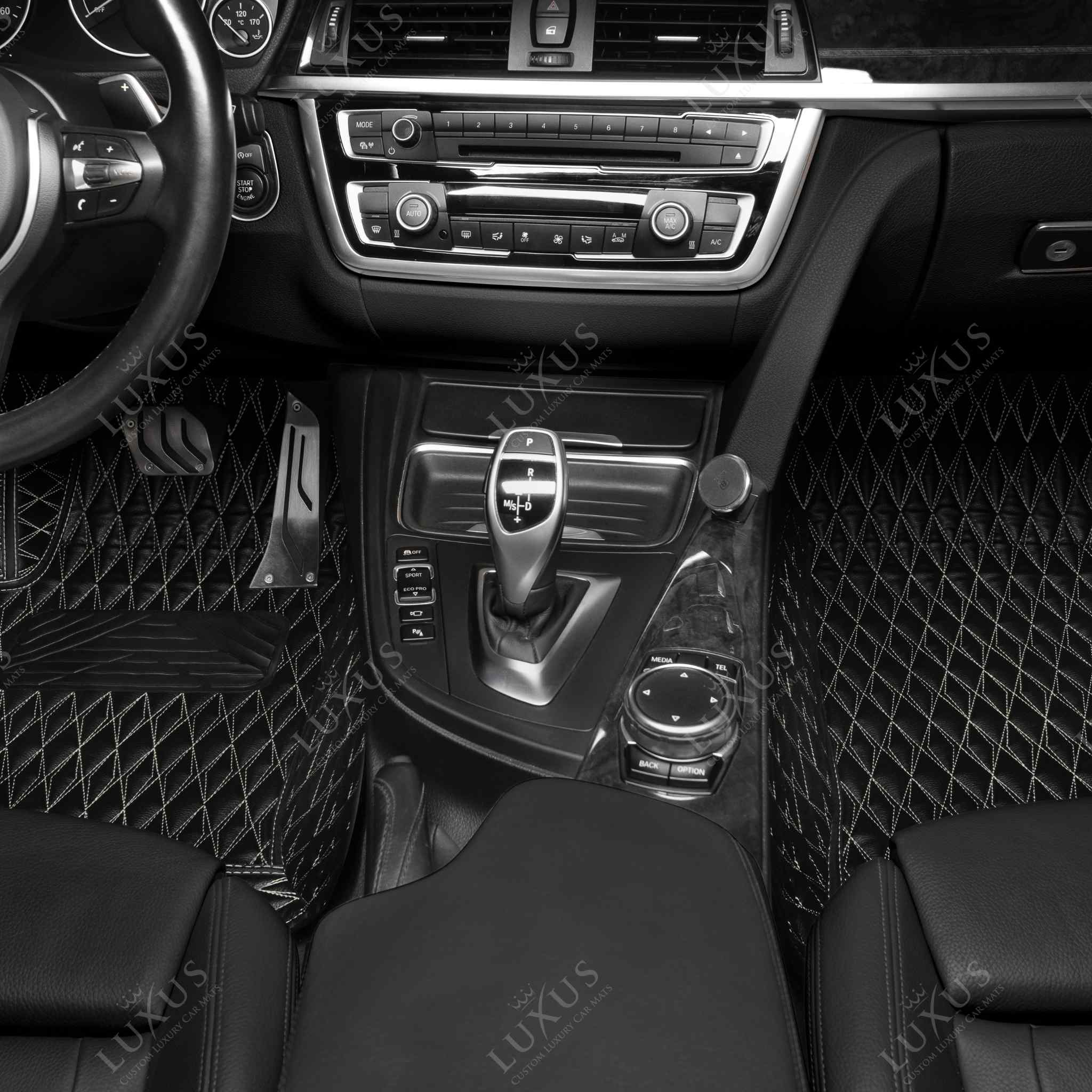Luxus Premium Twin-Diamond Custom Luxury Car Mats Set | Black & Beige Stitching
