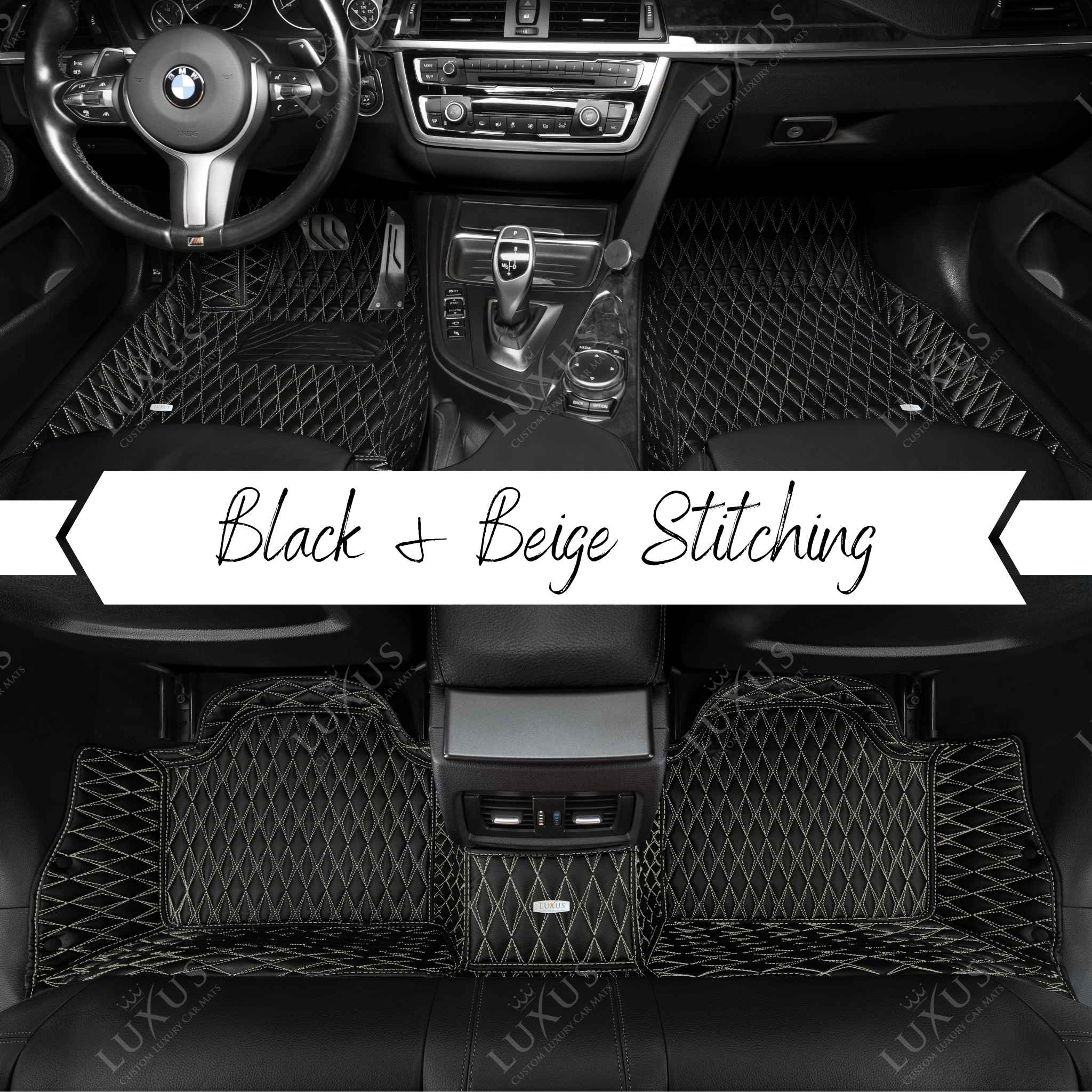 Twin-Diamond Black & Beige Stitching Luxury Car Mats Set