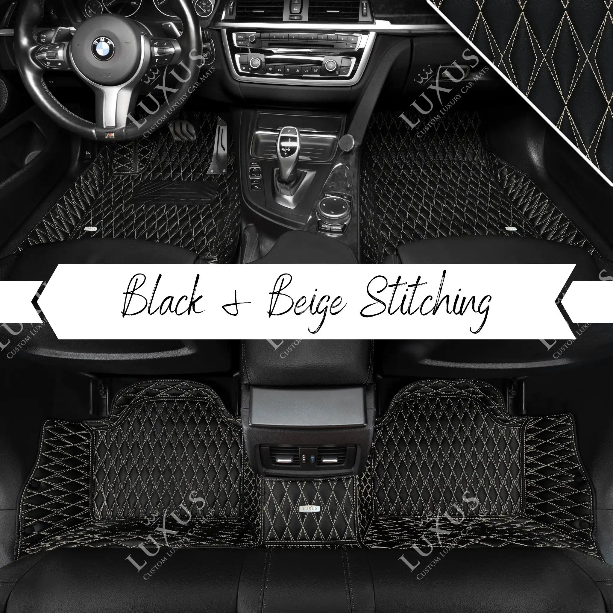 Luxus Premium Twin-Diamond Custom Luxury Car Mats Set | Black & Beige Stitching