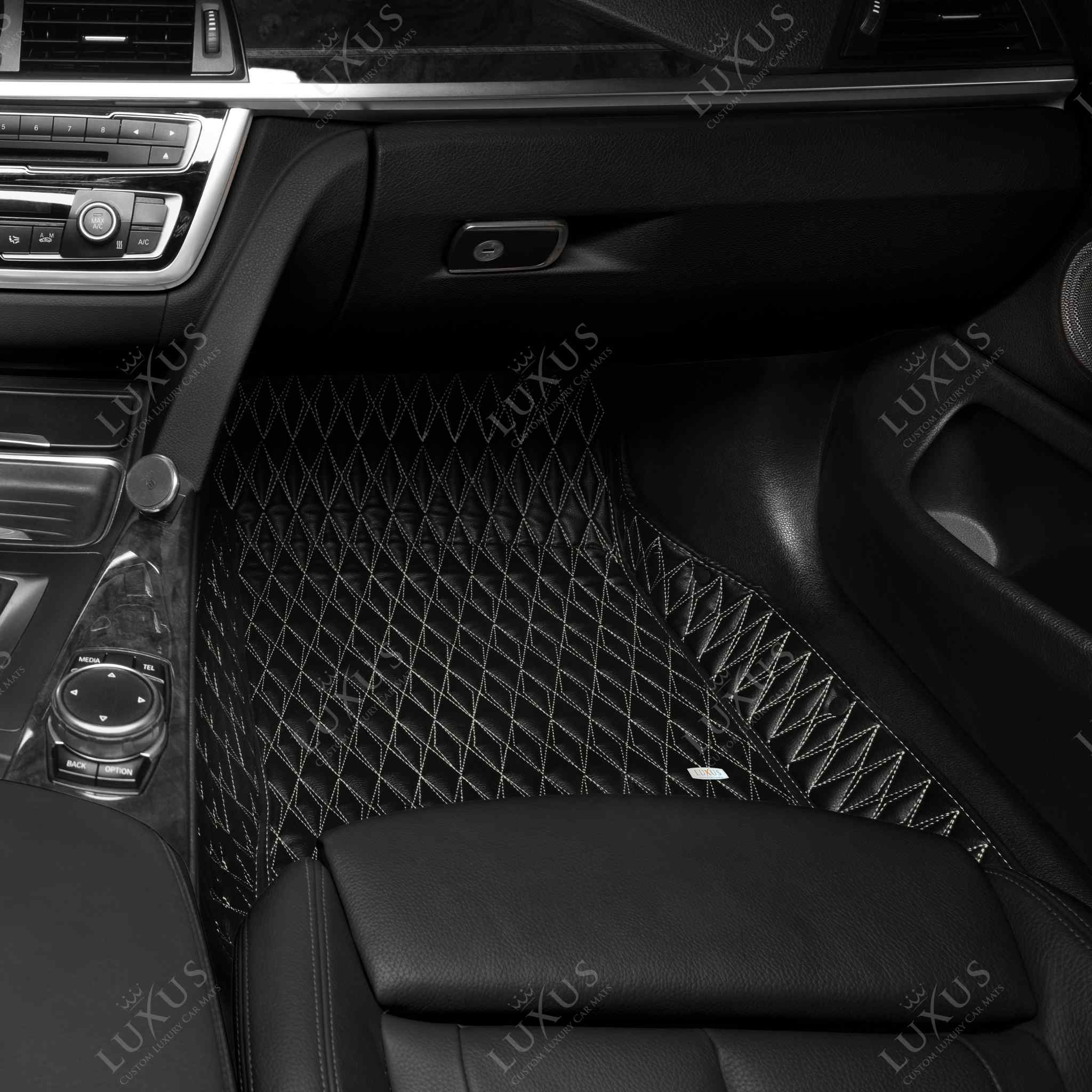 Luxus Premium Twin-Diamond Custom Luxury Car Mats Set | Black & Beige Stitching