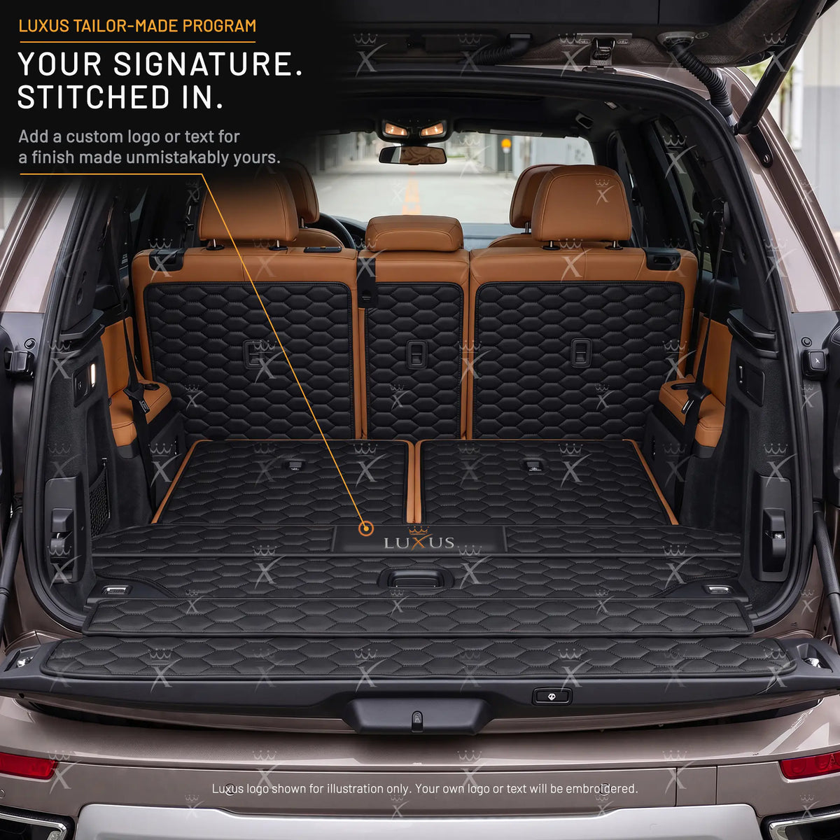 Luxus Honeycomb XtendFit Series Trunk Mat | Black & Black Stitching