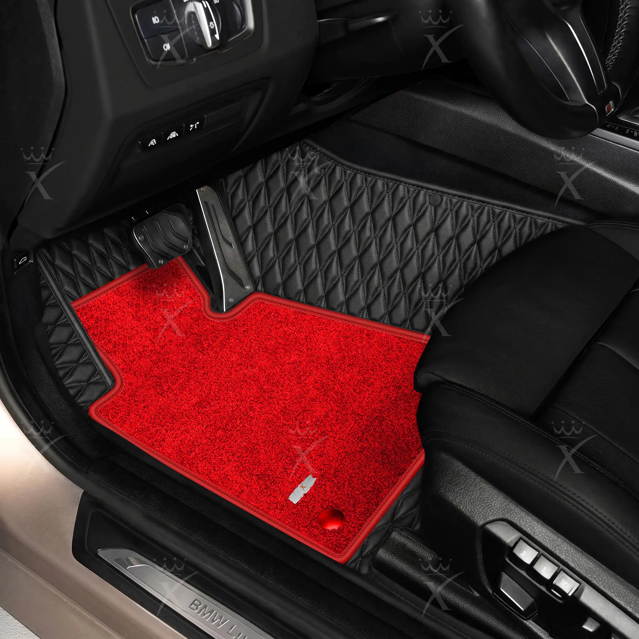 Luxus Twin-Diamond Double Layer Series Floor Mats | Black & Black Stitching & Rosso Corsa Top Carpet