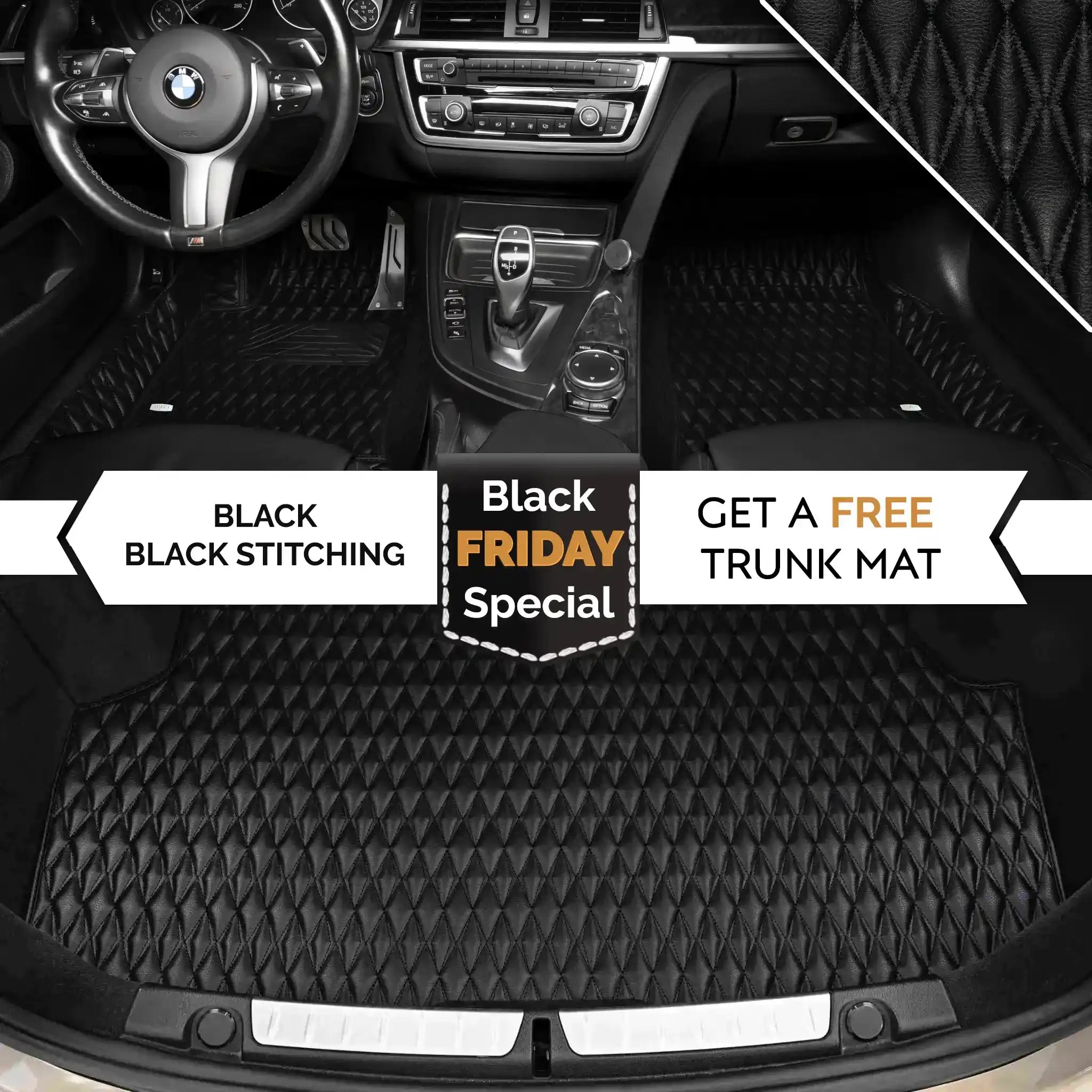 Luxus Premium Twin-Diamond Custom Luxury Car Mats Set | Black & Black Stitching
