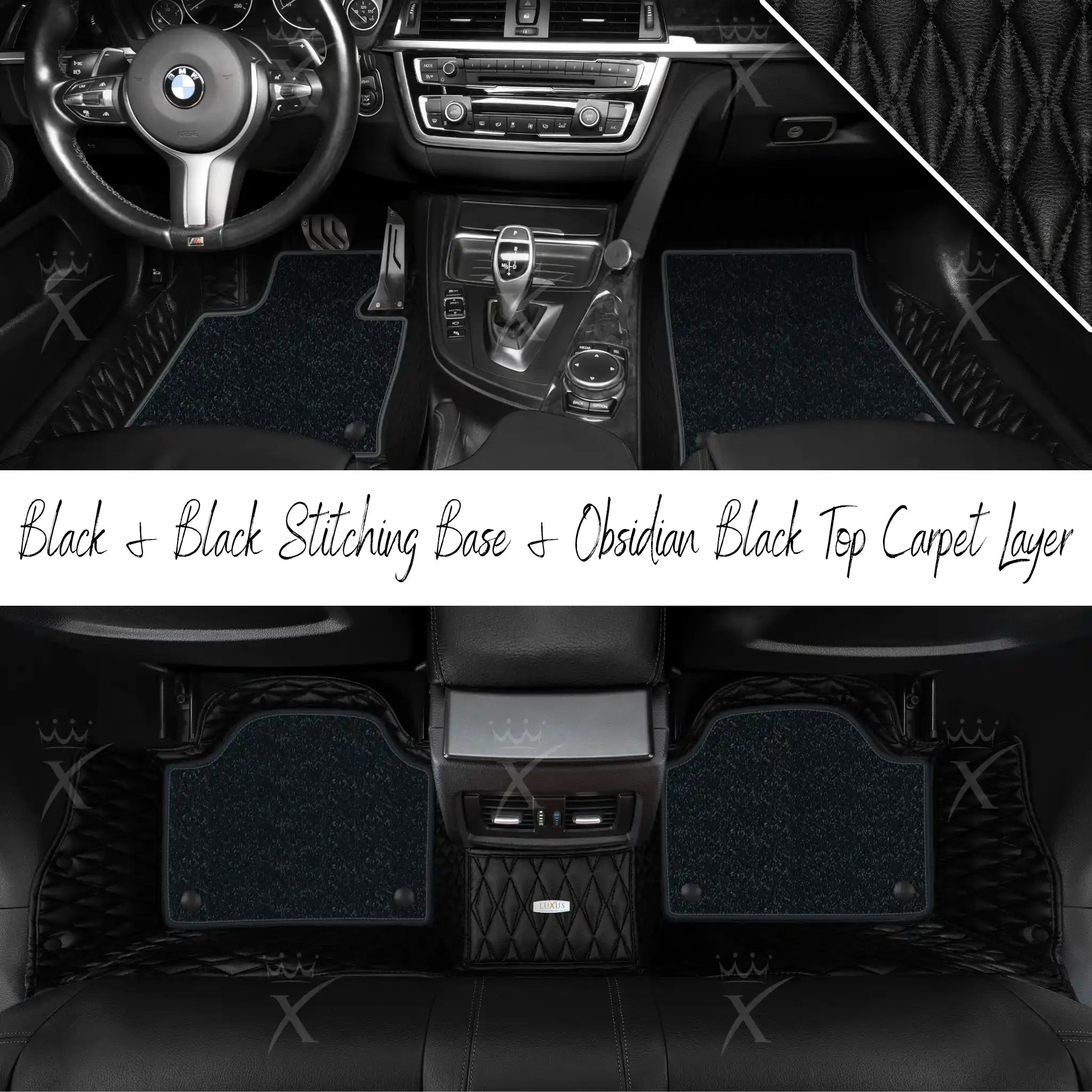 Black & Black Stitching Twin Diamond & Obsidian Black Carpet | Double Layer Luxury Car Mats Set