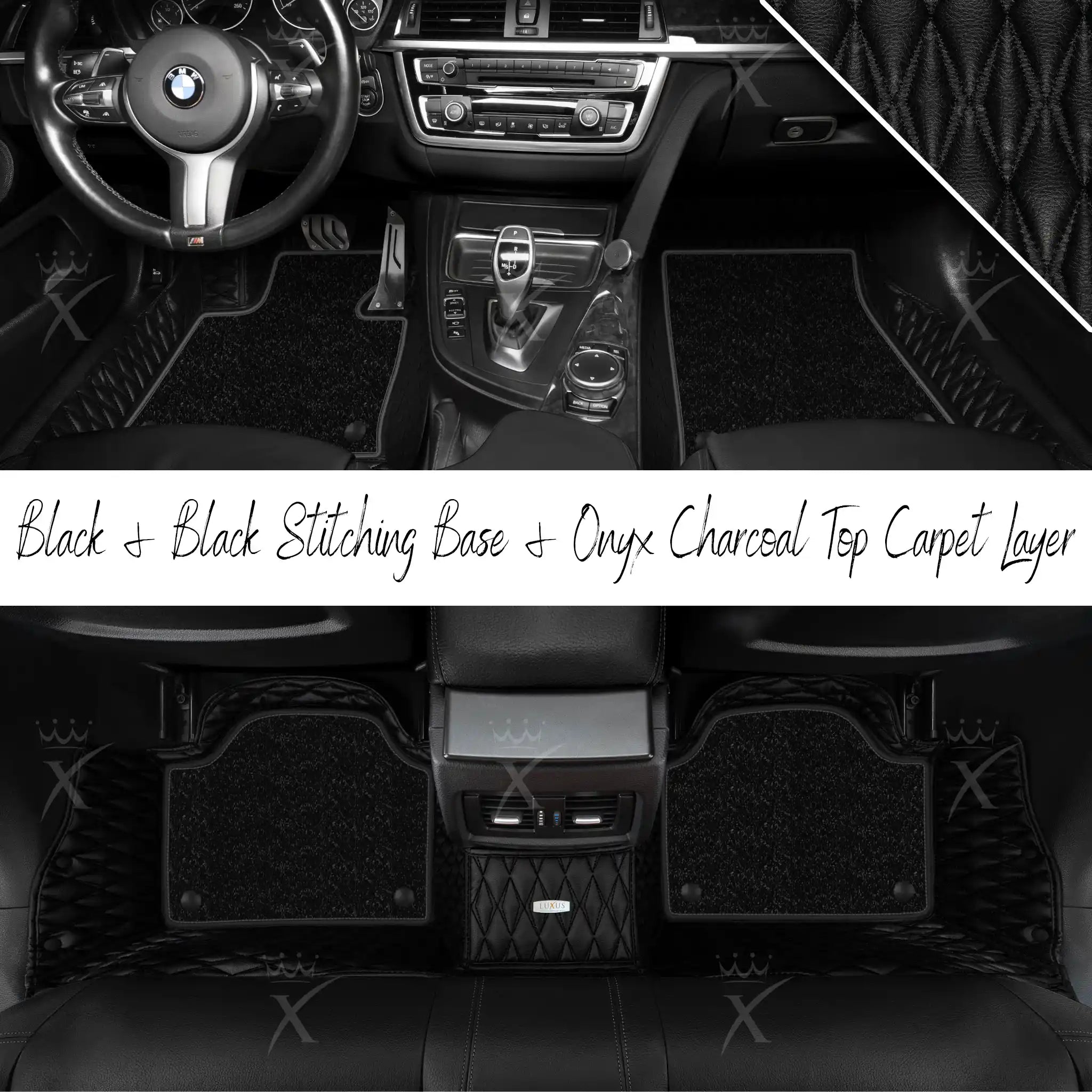 Black & Black Stitching Twin Diamond & Onyx Charcoal Carpet | Double Layer Luxury Car Mats Set