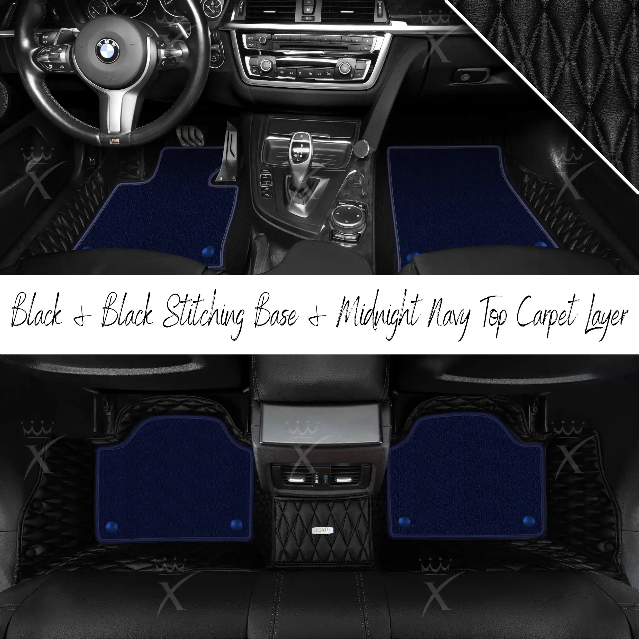 Black & Black Stitching Twin Diamond & Midnight Navy Carpet | Double Layer Luxury Car Mats Set