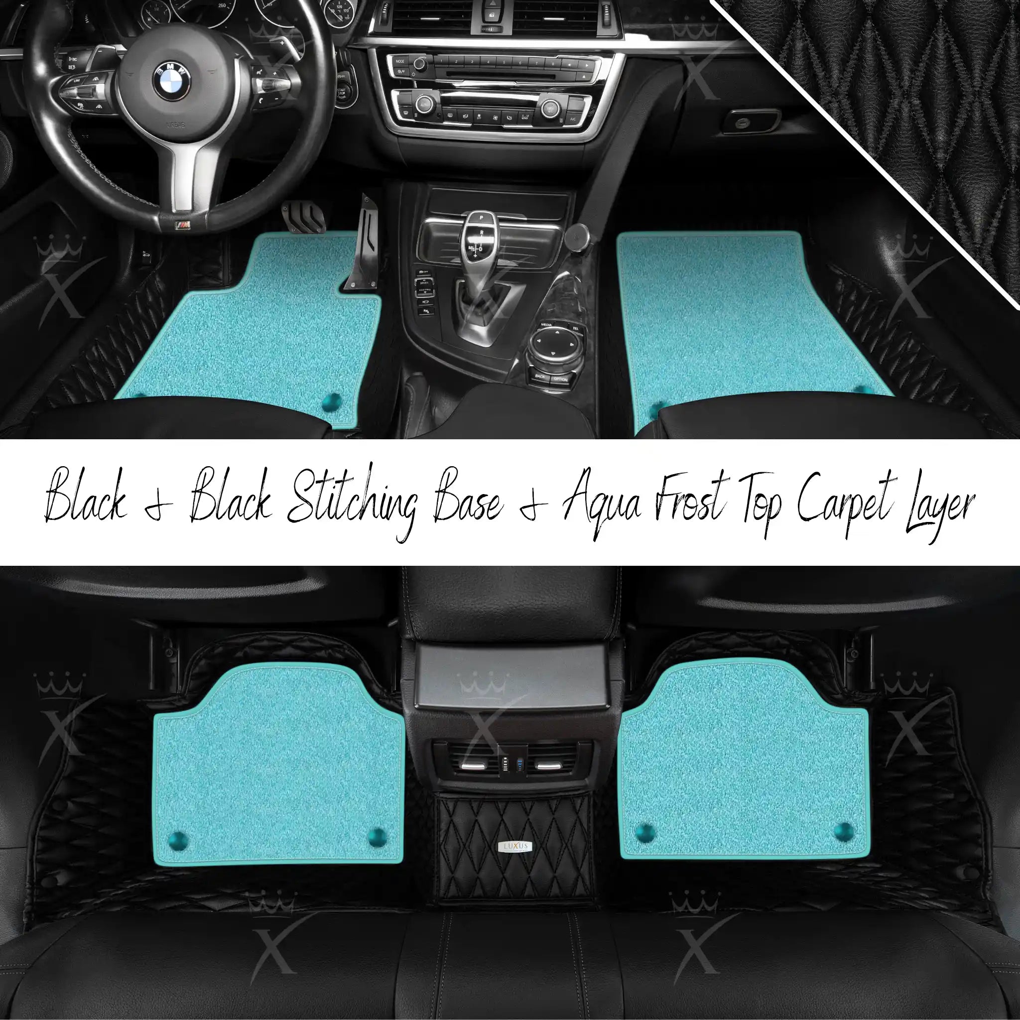 Black & Black Stitching Twin Diamond & Aqua Frost Carpet | Double Layer Luxury Car Mats Set