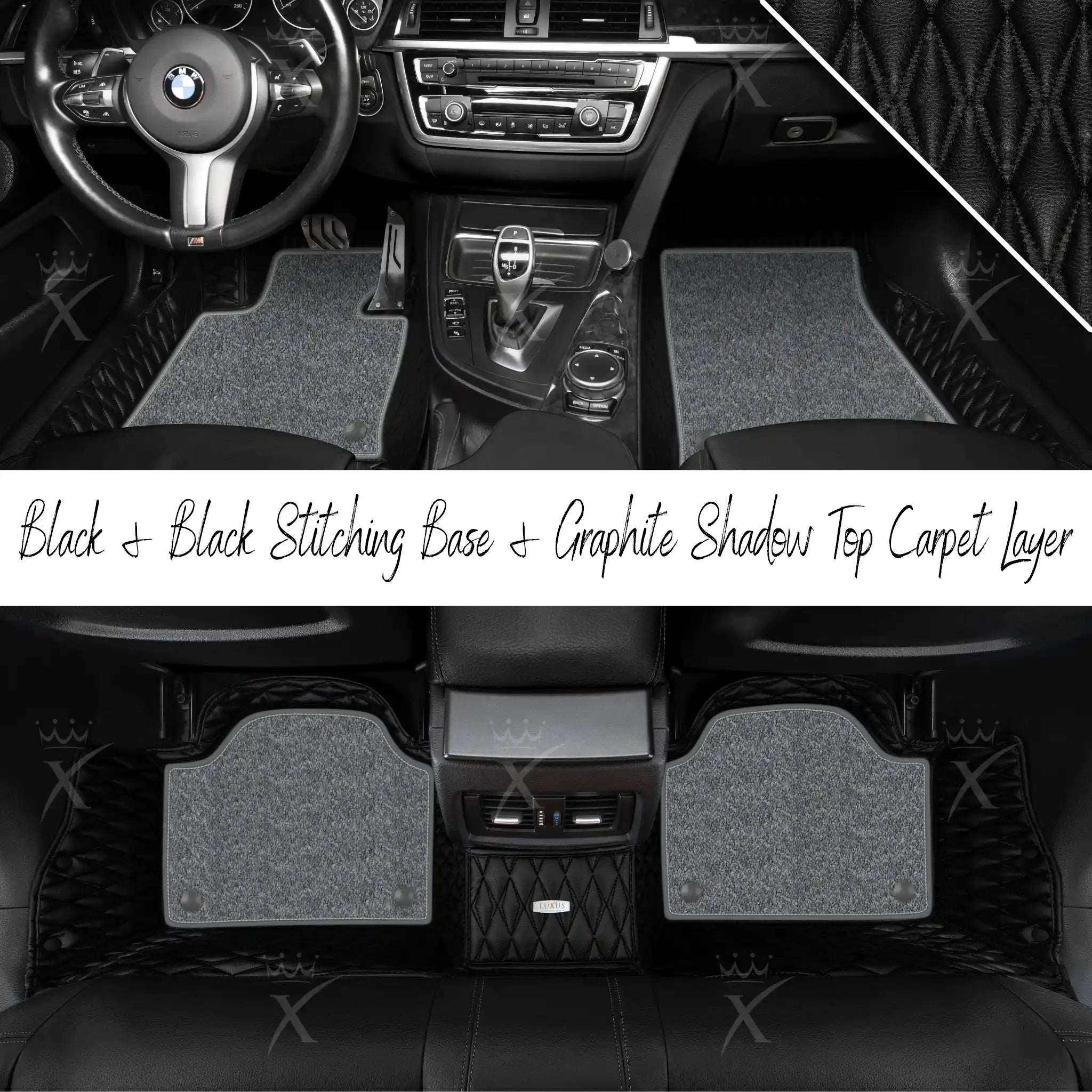 Black & Black Stitching Twin Diamond & Graphite Shadow Carpet | Double Layer Luxury Car Mats Set