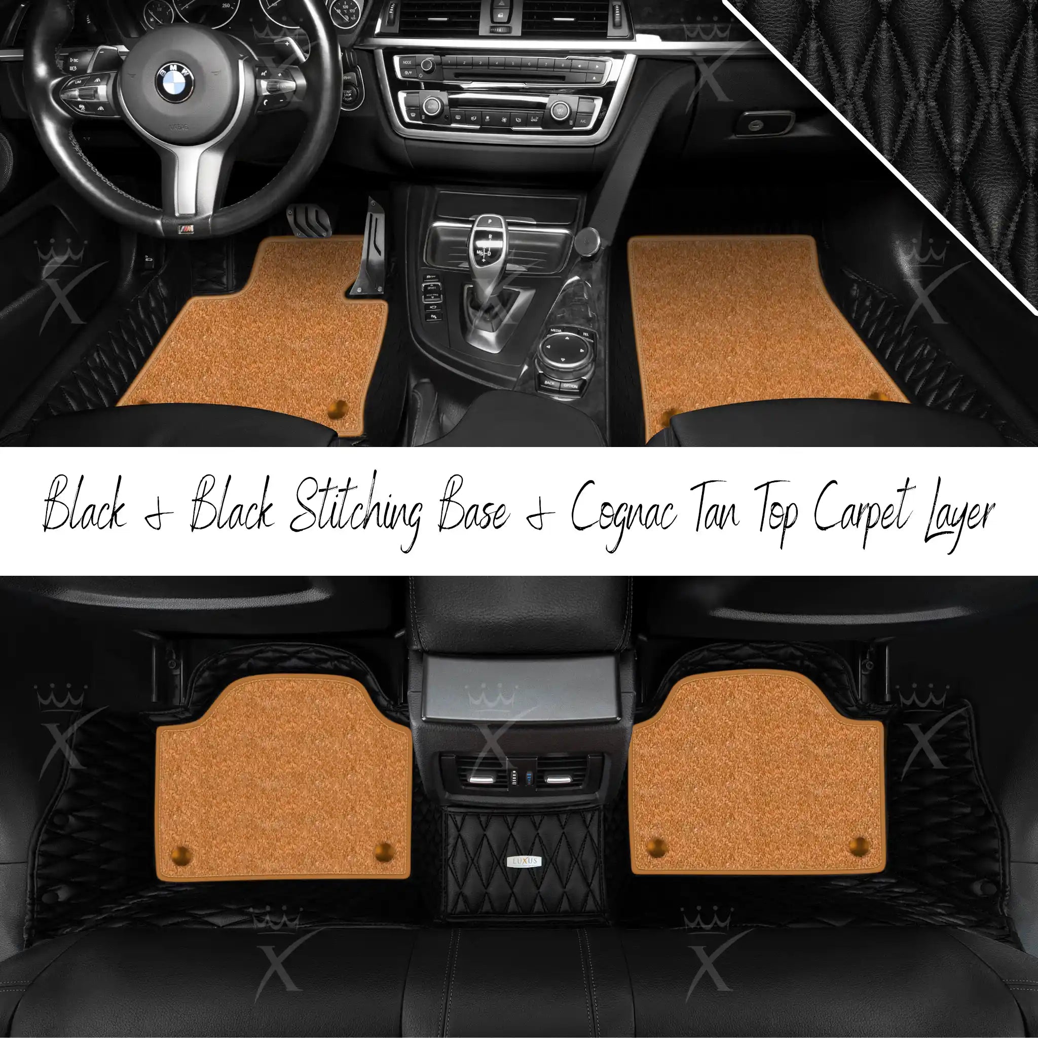 Black & Black Stitching Twin Diamond & Cognac Tan Carpet | Double Layer Luxury Car Mats Set