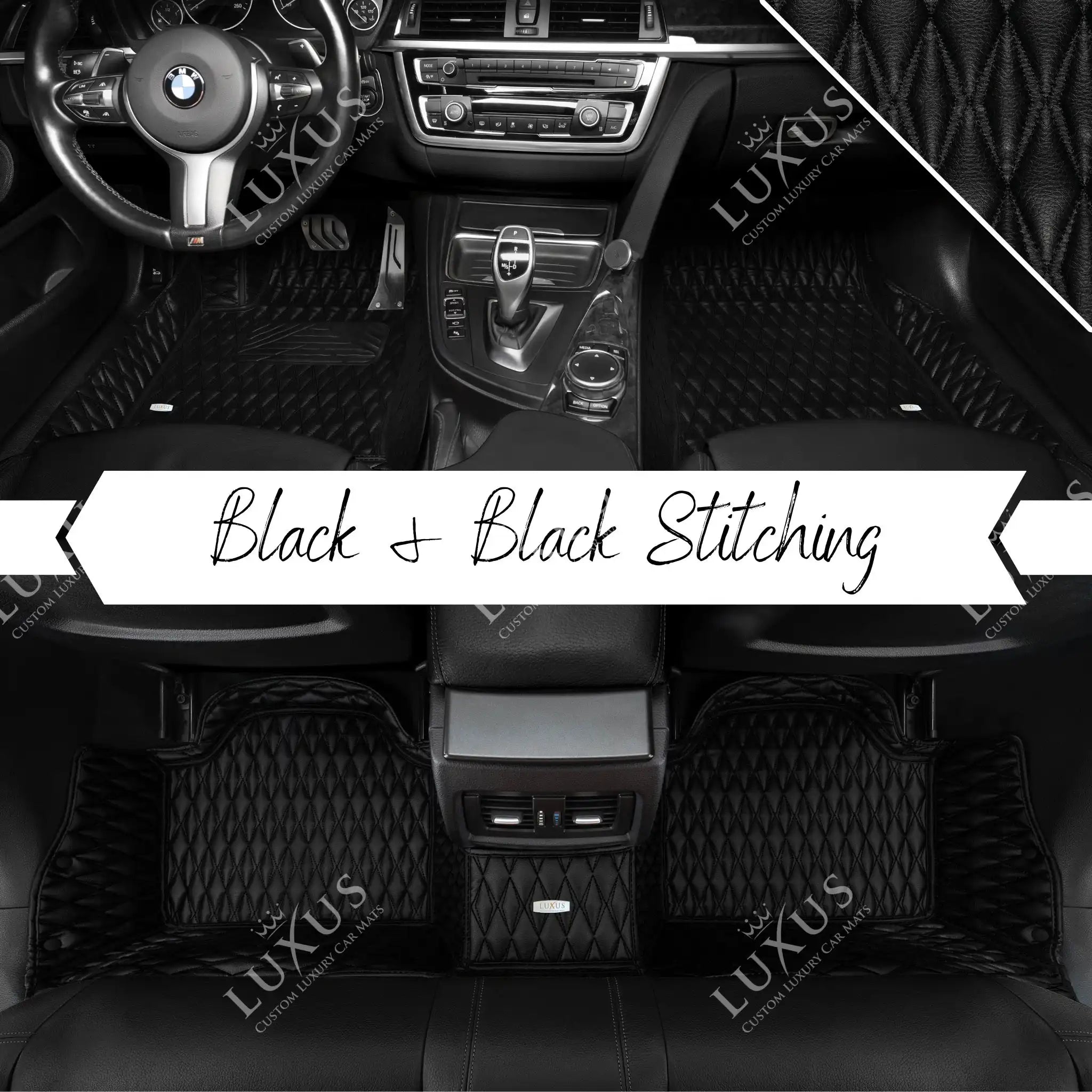 Luxus Premium Twin-Diamond Custom Luxury Car Mats Set | Black & Black Stitching