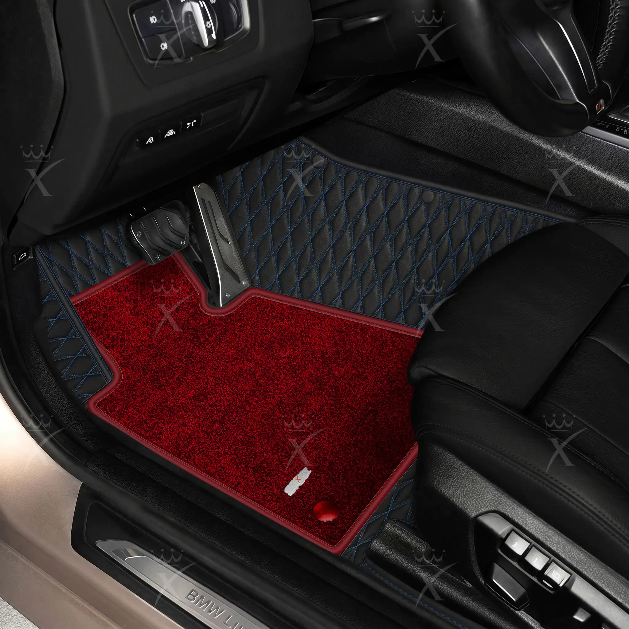 Luxus Twin-Diamond Double Layer Series Floor Mats | Black & Blue Stitching & Bordeaux Wine Top Carpet