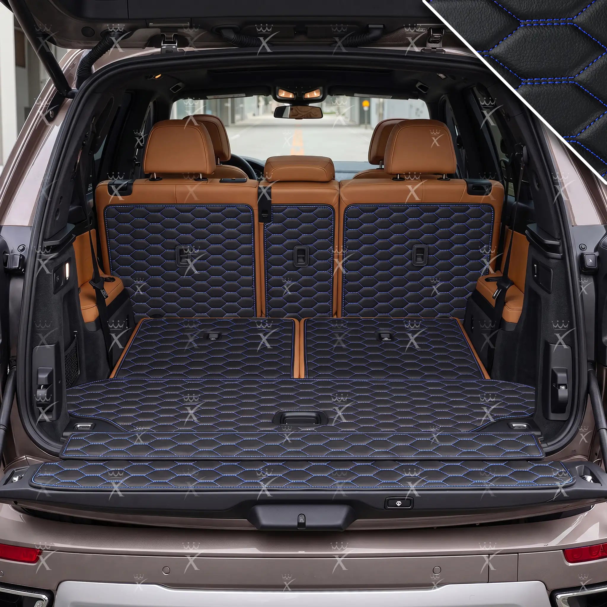Luxus Honeycomb XtendFit Series Trunk Mat | Black & Blue Stitching