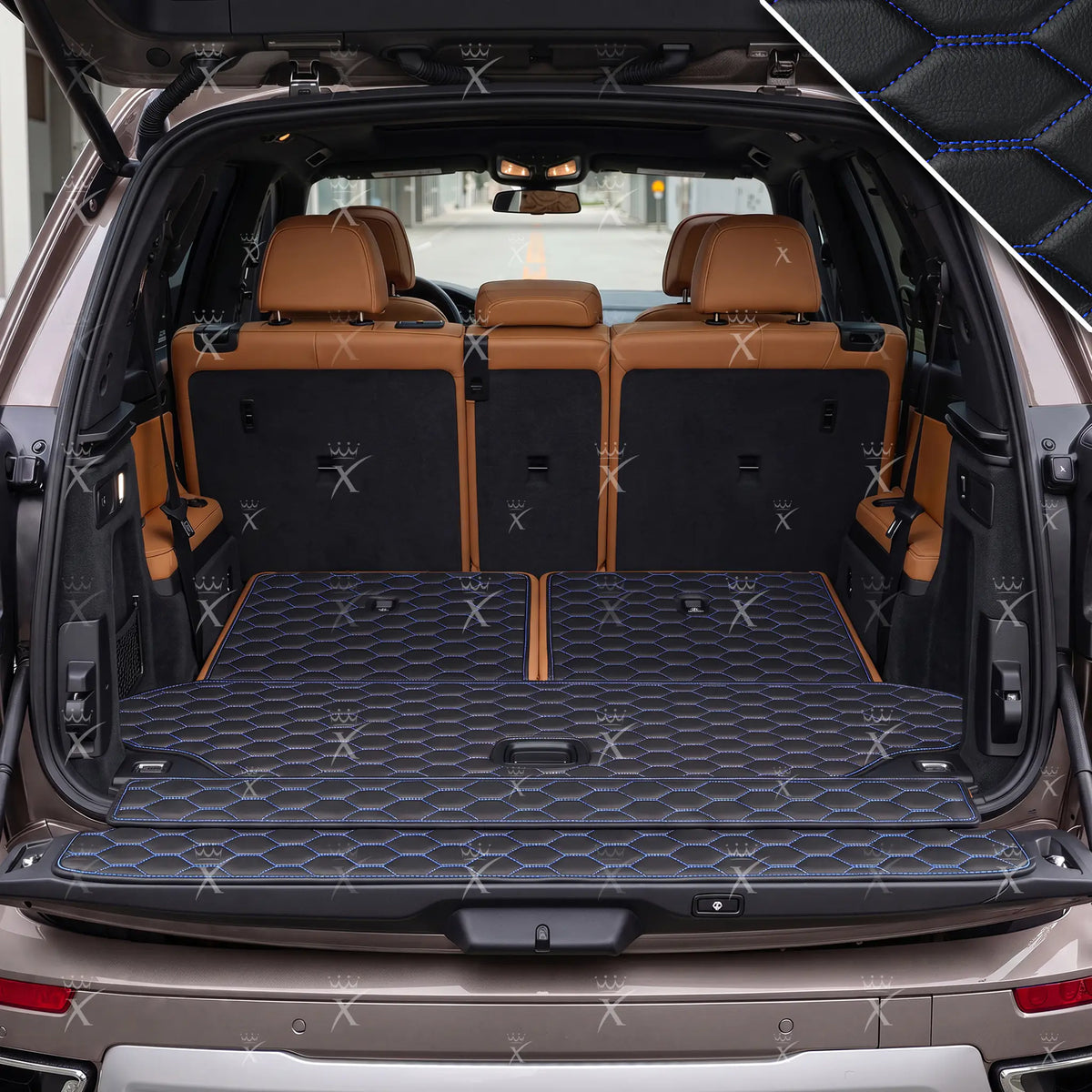 Luxus Honeycomb BaseFit Series Trunk Mat | Black & Blue Stitching