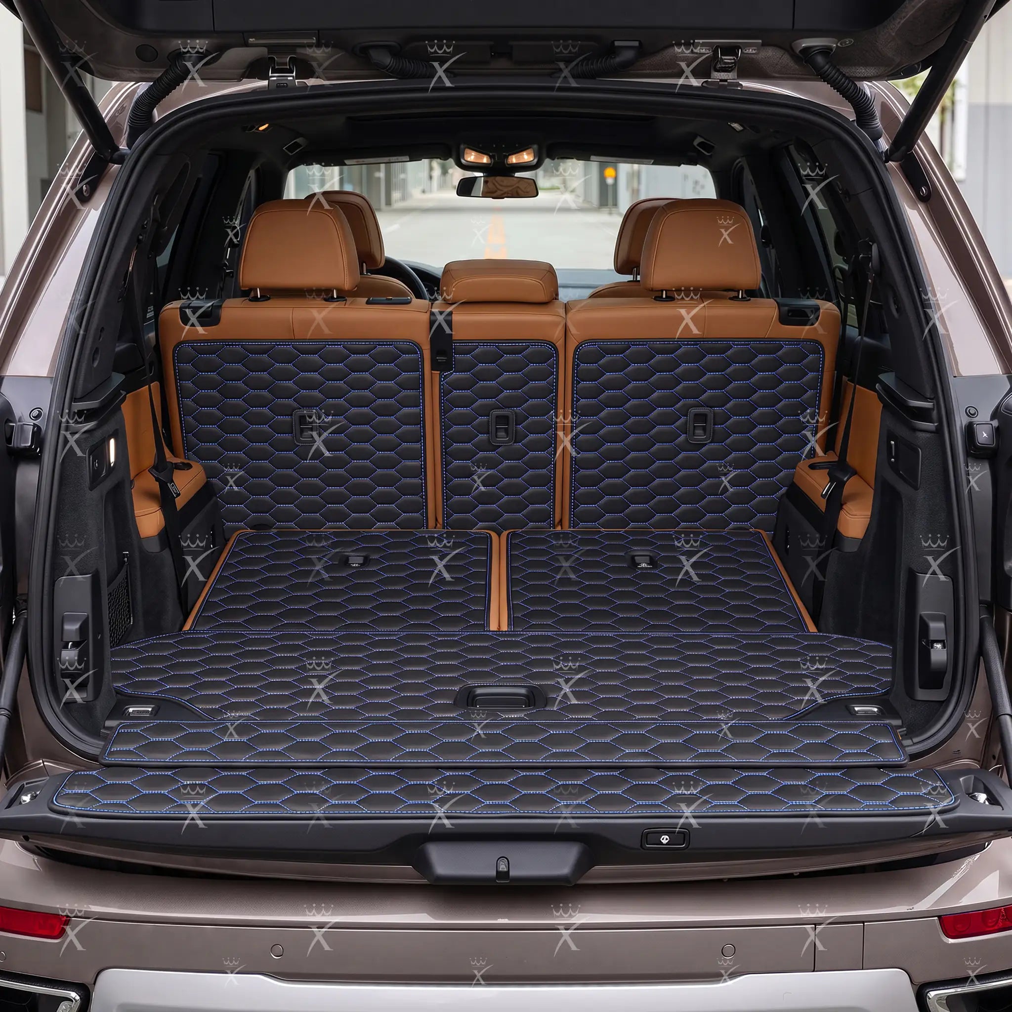 Luxus Honeycomb XtendFit Series Trunk Mat | Black & Blue Stitching