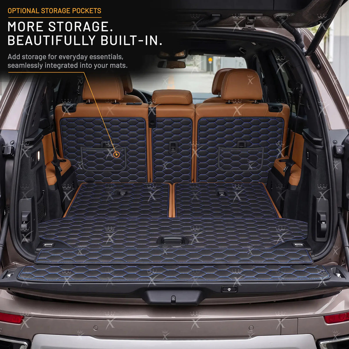 Luxus Honeycomb XtendFit Series Trunk Mat | Black & Blue Stitching