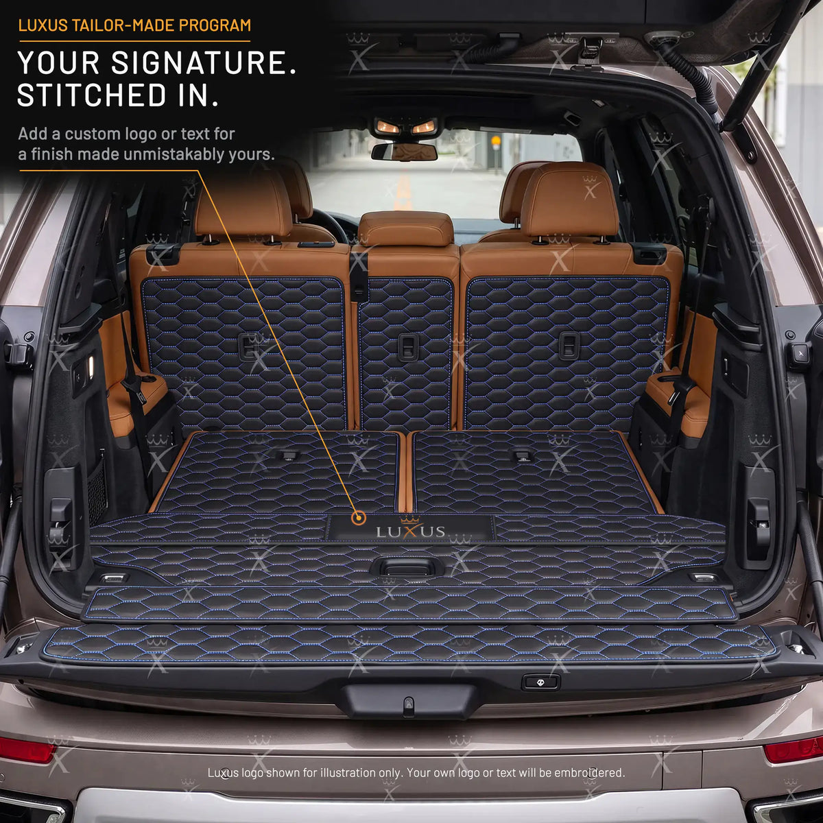 Luxus Honeycomb XtendFit Series Trunk Mat | Black & Blue Stitching