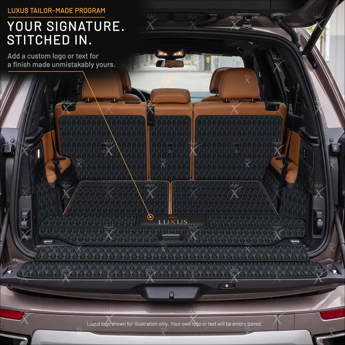 Luxus Twin-Diamond 360Fit Series Trunk Mat | Black & Blue Stitching