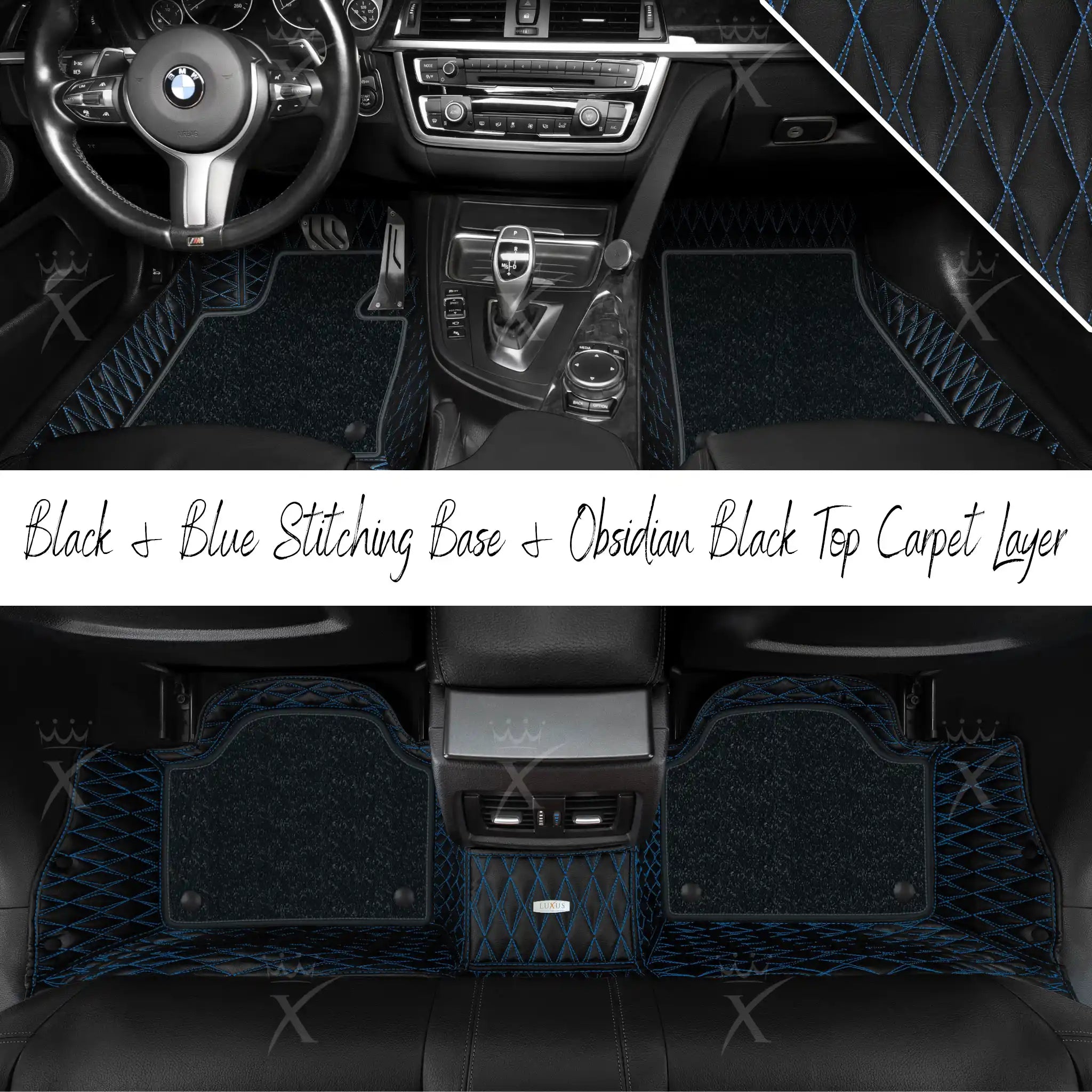 Black & Blue Stitching Twin Diamond & Obsidian Black Carpet | Double Layer Luxury Car Mats Set